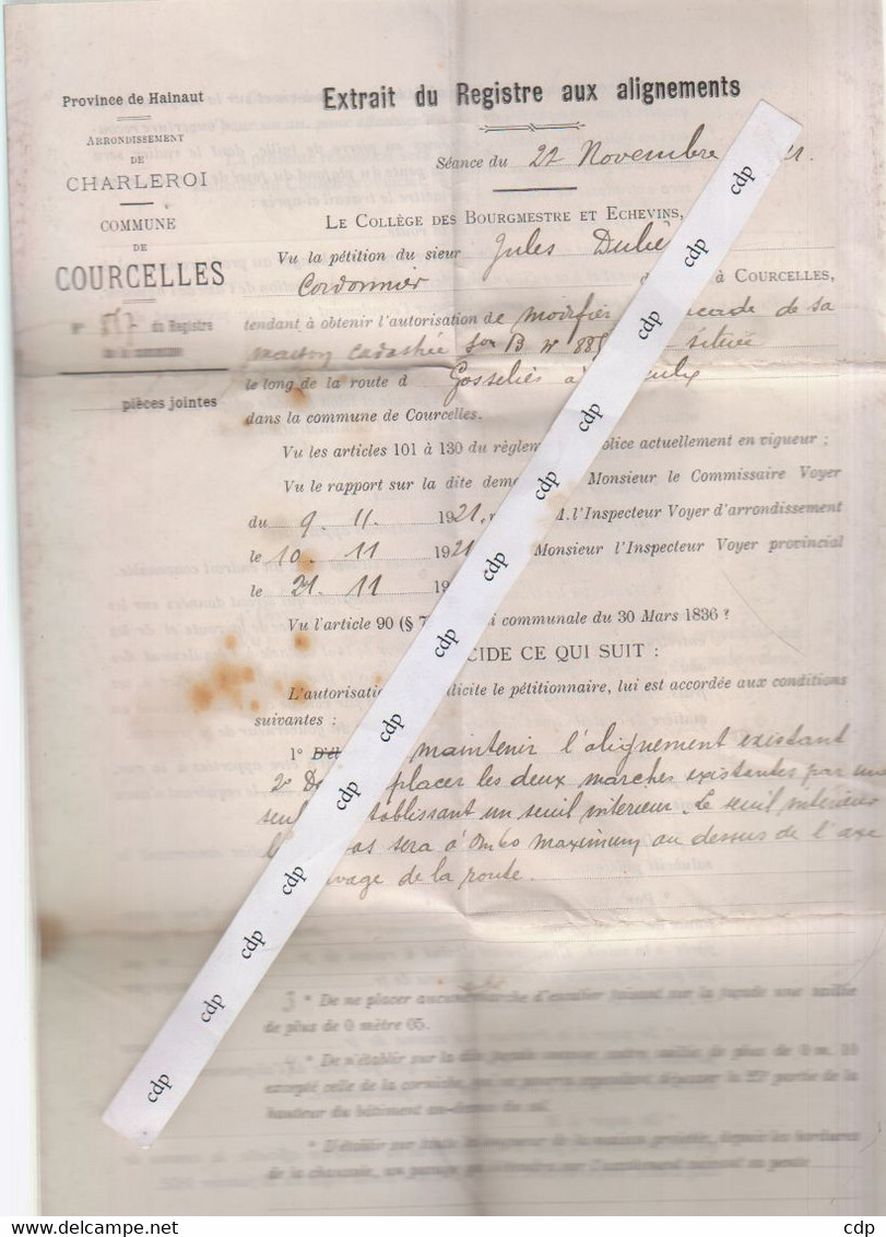 COURCELLES  Document Communal 1921 - Décrets & Lois