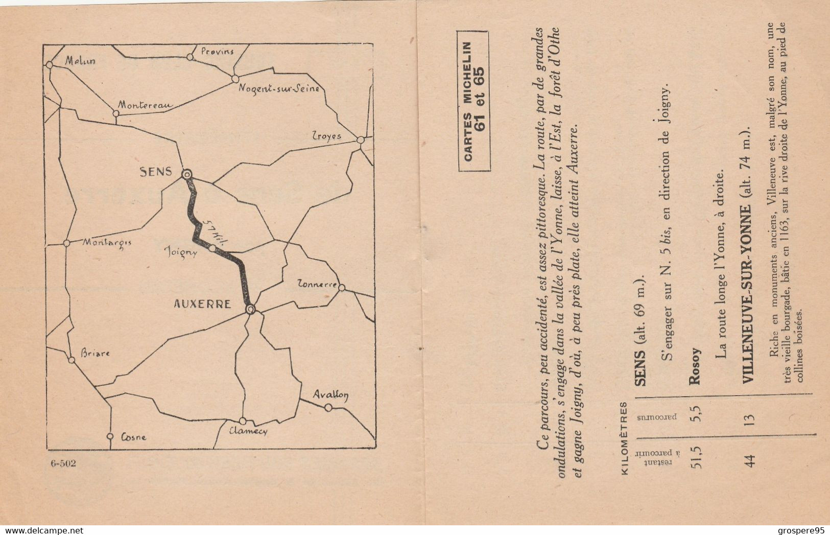 TOURING CLUB DE FRANCE ITINERAIRE DE SENS A AUXERRE PAR JOIGNY 6-502 RARE - Cartes Routières