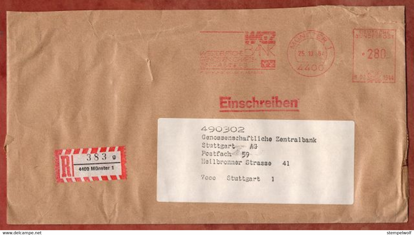 Einschreiben Reco, Francotyp-Postalia B02-1944, WGZ-Bank Muenster, 280 Pfg, 1984 (4111) - Macchine Per Obliterare (EMA)