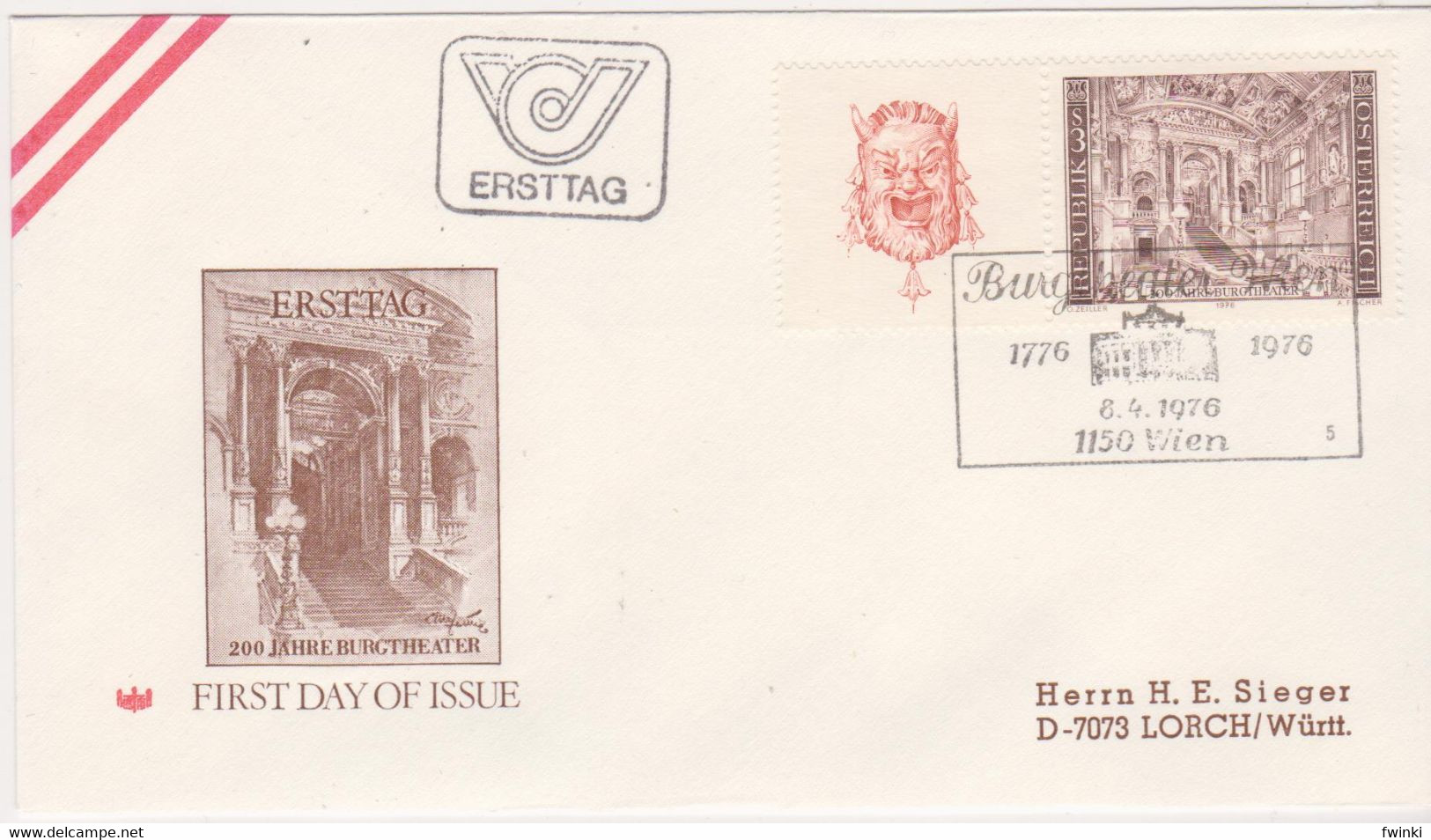 Ö 1976 - Mi: 1508 (1) , FDC - 200 Jahre Burgtheater , Wien , SST 1150 Wien - Covers & Documents