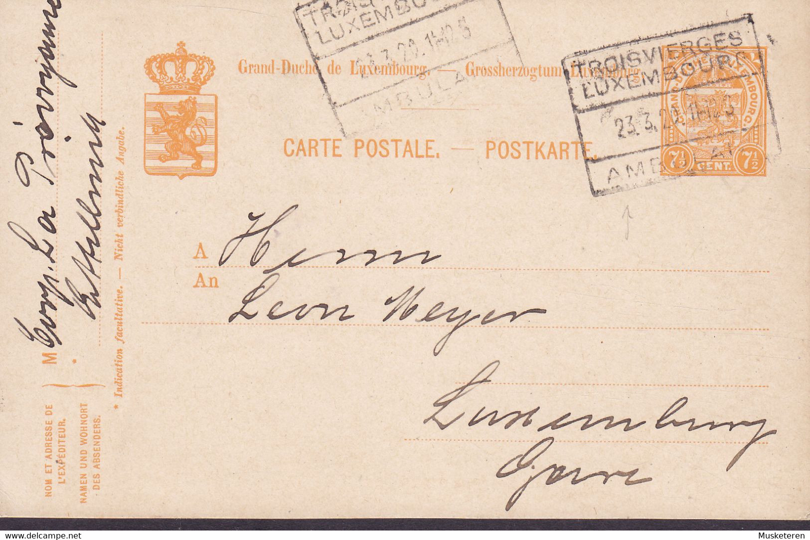Luxembourg Postal Stationery Ganzsache Entier 7½c. Wappen Ambulant Bahnpost TROISVIERGES-LUXEMBOURG Convoyage 1920 ' - 1914-24 Marie-Adelaide