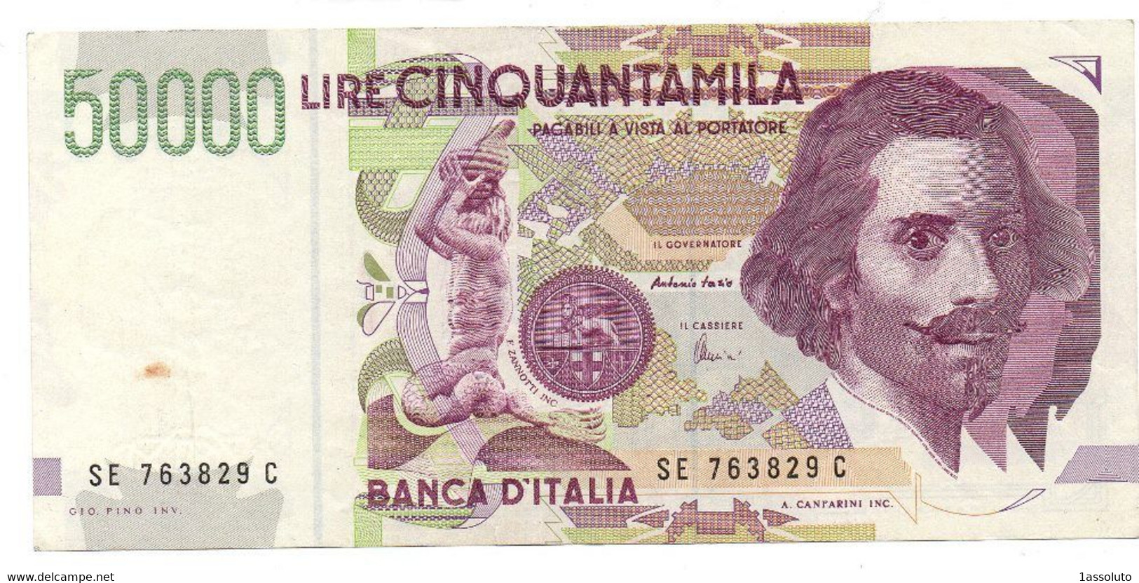 REPUBBLICA ITALIANA 50000 LIRE  BERNINI -  2° Tipo Con Macchia - 50000 Liras