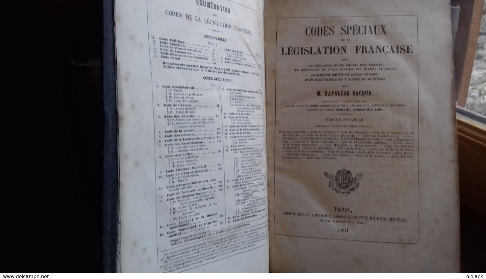 BACQUA Napoléon " Codes Spéciaux De La Législation Française " Imp.DUPONT P.1861(Col1a) - Droit