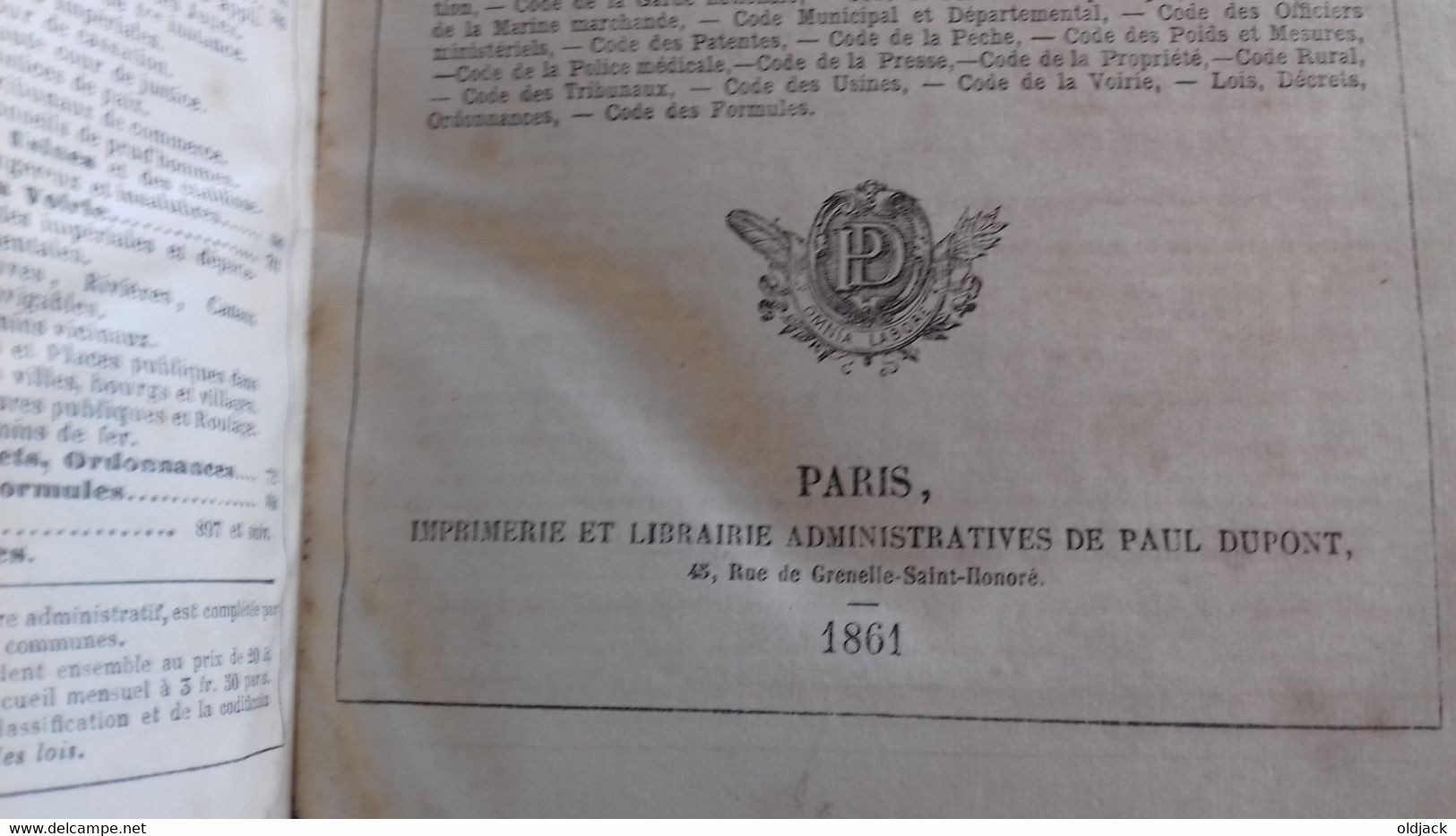 BACQUA Napoléon " Codes Spéciaux De La Législation Française " Imp.DUPONT P.1861(Col1a) - Recht