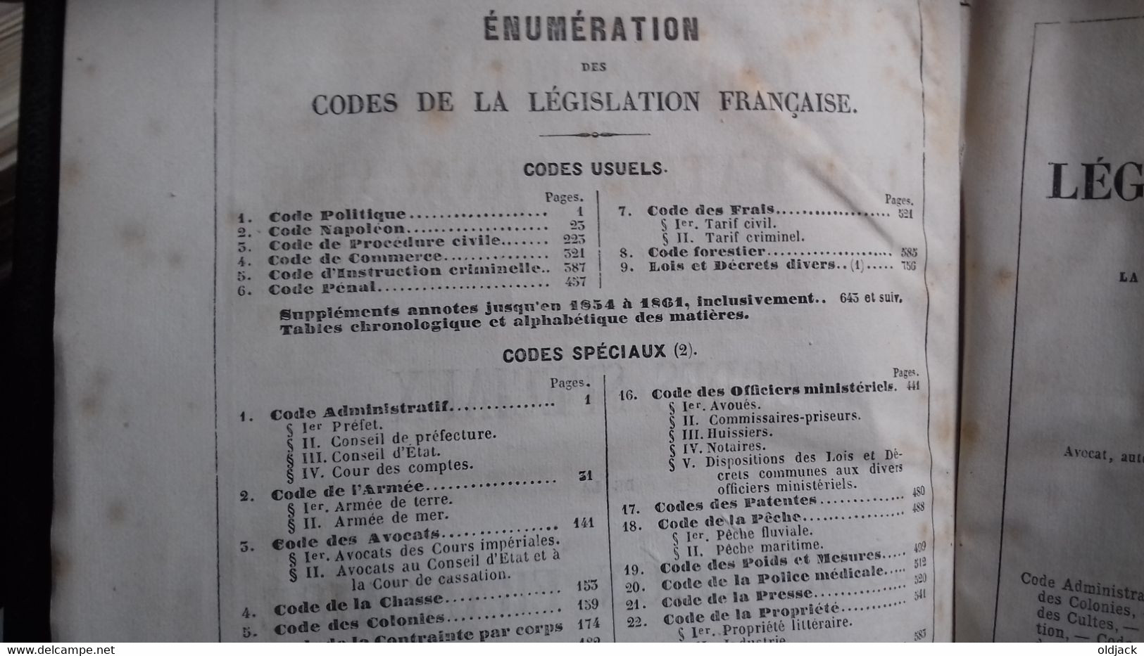 BACQUA Napoléon " Codes spéciaux de la législation Française " imp.DUPONT P.1861(Col1a)