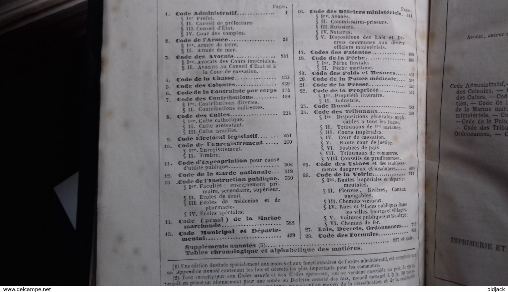 BACQUA Napoléon " Codes spéciaux de la législation Française " imp.DUPONT P.1861(Col1a)