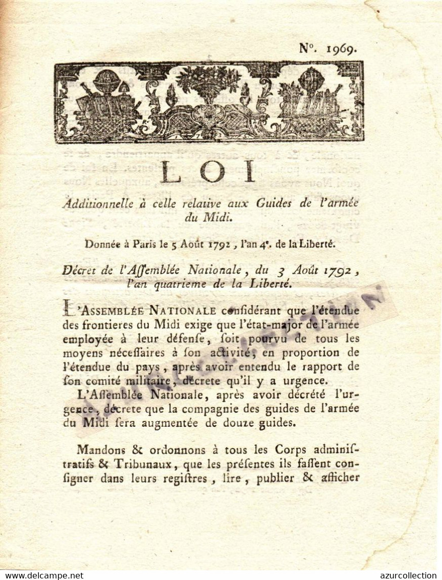 GUIDES DE L'ARMEE DU  MIDI . AOUT 1792 - Décrets & Lois