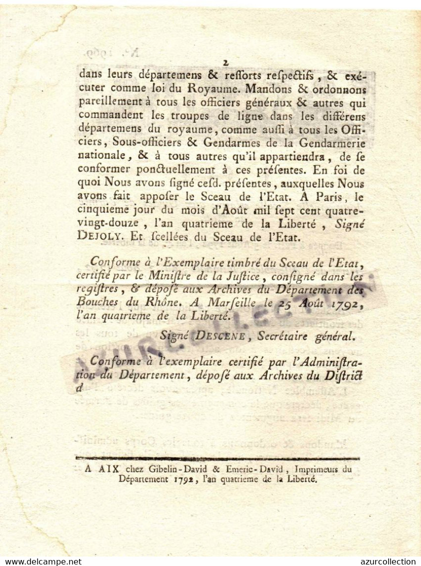 GUIDES DE L'ARMEE DU  MIDI . AOUT 1792 - Décrets & Lois
