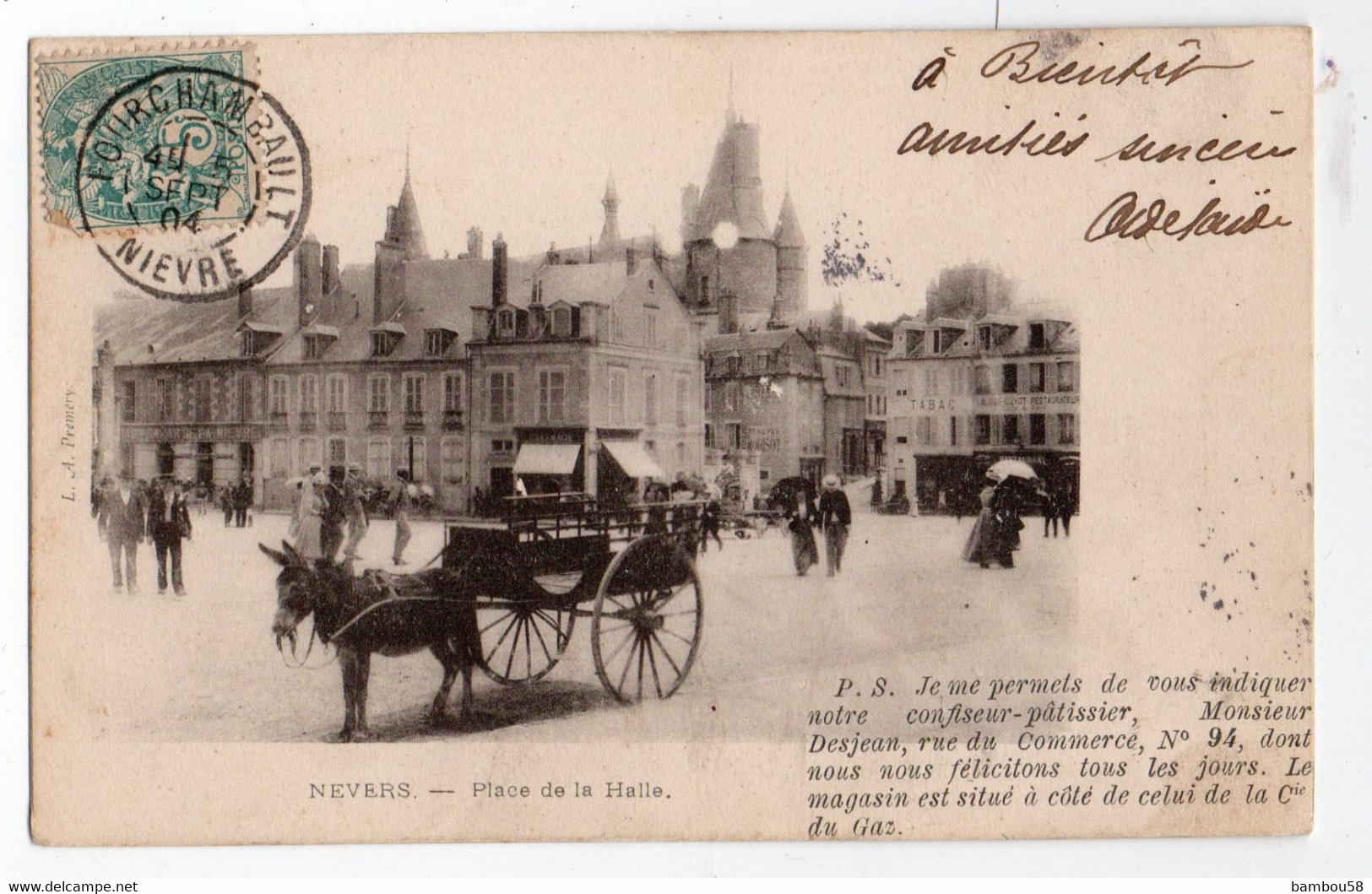 NEVERS (NIEVRE)  * PLACE DE LA HALLE * CALECHE * ANE *  PALAIS DUCAL * TABAC * RESTAURANT GUYOT * édit. L.A. Prémery - Nevers