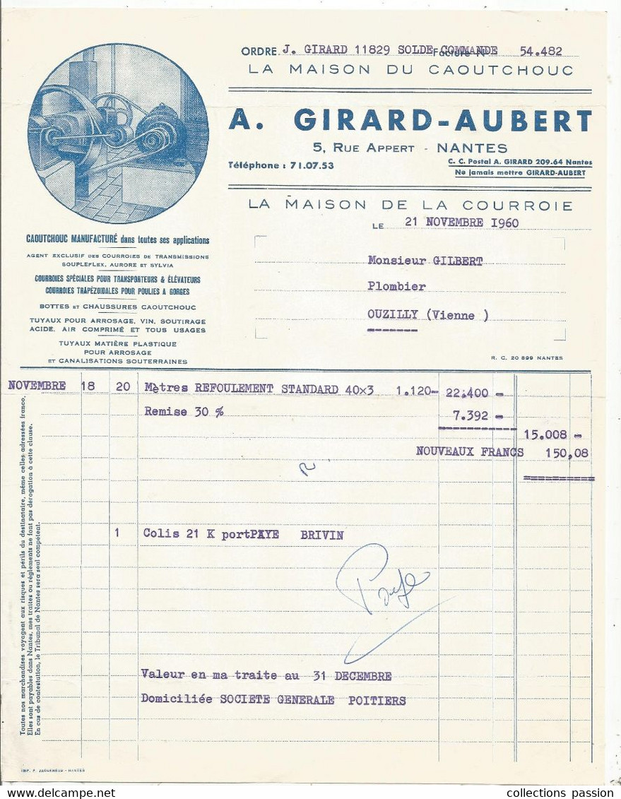 Facture , A. Girard- Aubert, NANTES , La Maison Du Caoutchouc , 1960,  Frais Fr 1.85 E - 1950 - ...