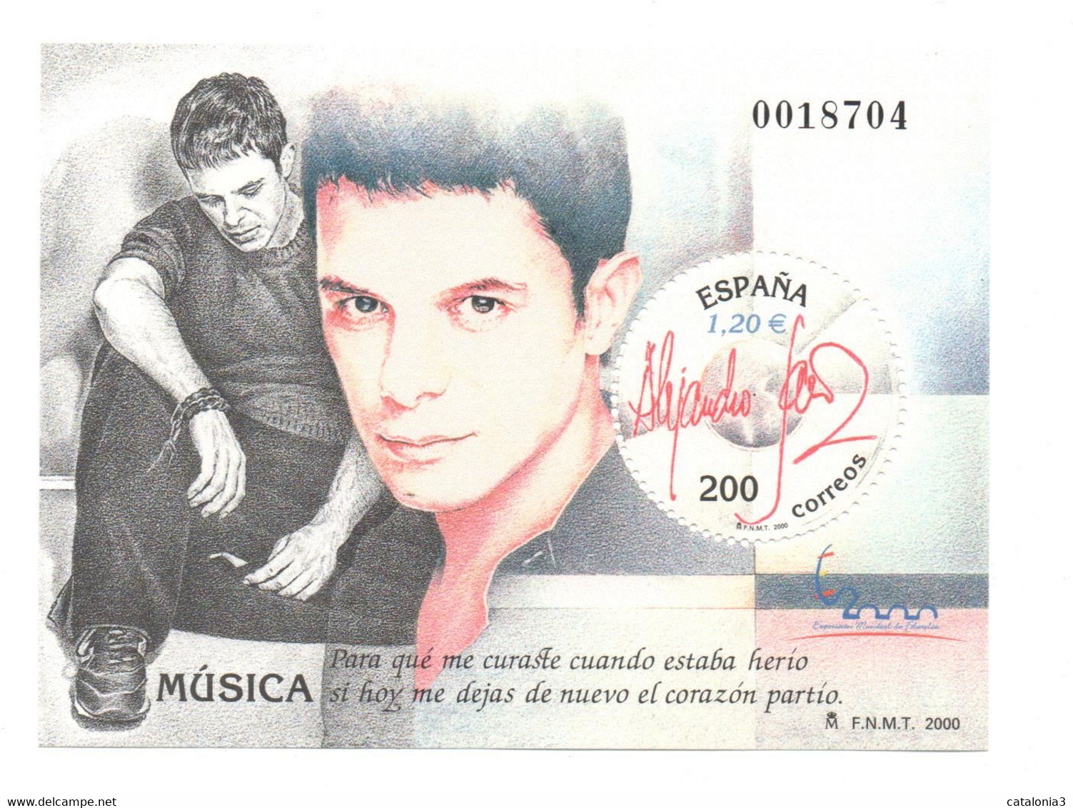 Hojita Sello MUSICA Alejandro Sanz (facial 1,20 €) - Hojas Conmemorativas