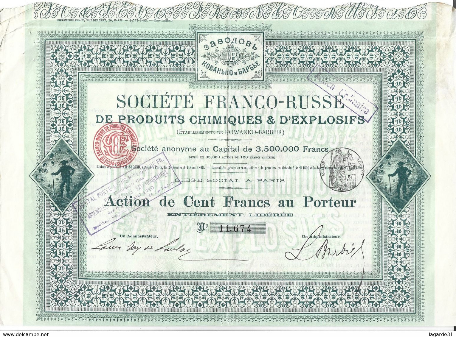 Action De Cent Francs Au Porteur Franco Russe De Produits Chimiques & D'explosifs (1895) - Rusia
