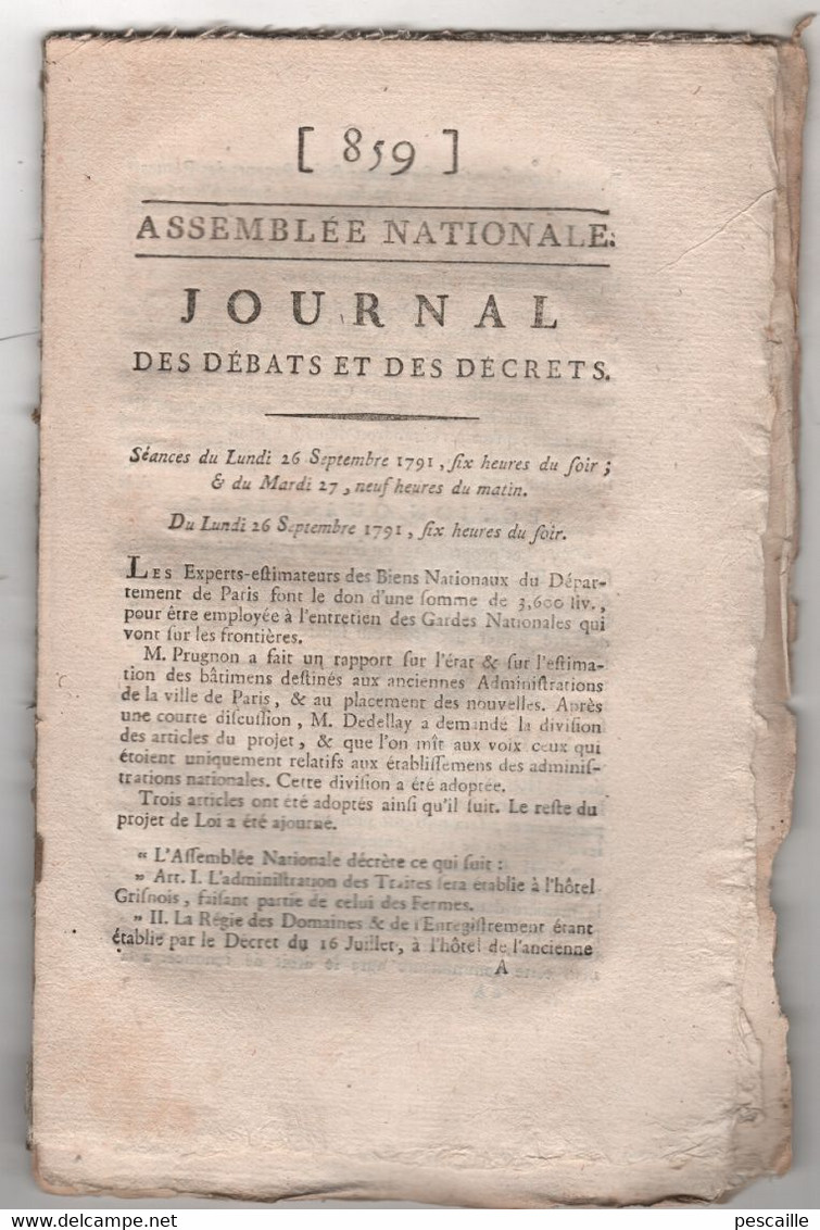 REVOLUTION FRANCAISE JOURNAL DES DEBATS 26 09 1791 - LOIS RURALES - GARDES CHAMPETRES - ROUEN - POUDRES SALPETRES - Kranten Voor 1800