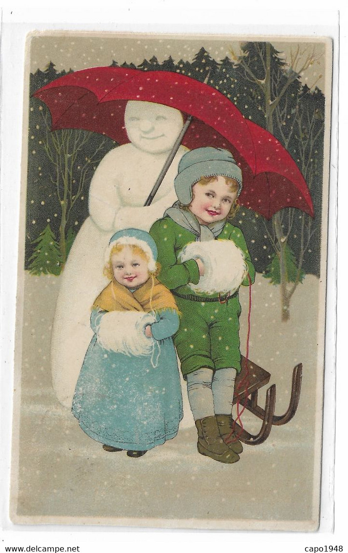 CARD  PUPAZZO DI NEVE  CON OMBRELLO RIPARA DALLA NEVE BIMBI CON SCALDAMANI 1912-FP-V-2-0882-30029 - Sonstige & Ohne Zuordnung