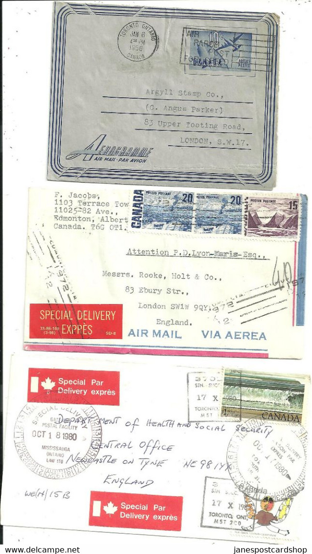 3 AIRMAIL - SPECIAL DELIVERY COVERS - FROM CANADA TO ENGLAND - 1956 - 1972 - 1980 - Entrega Especial/Entrega Inmediata