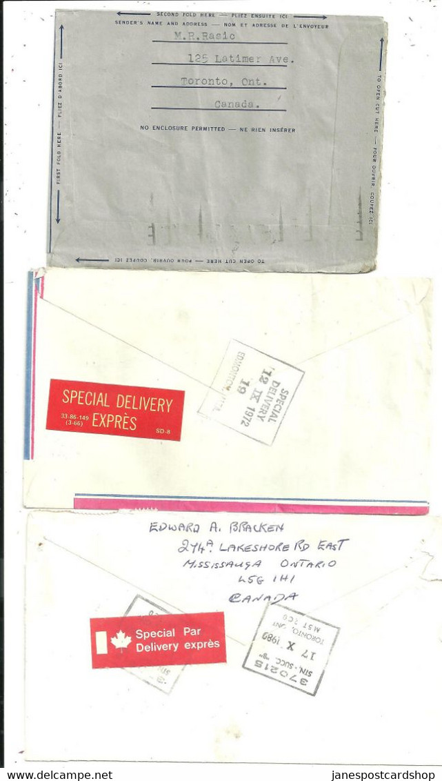3 AIRMAIL - SPECIAL DELIVERY COVERS - FROM CANADA TO ENGLAND - 1956 - 1972 - 1980 - Airmail: Special Delivery