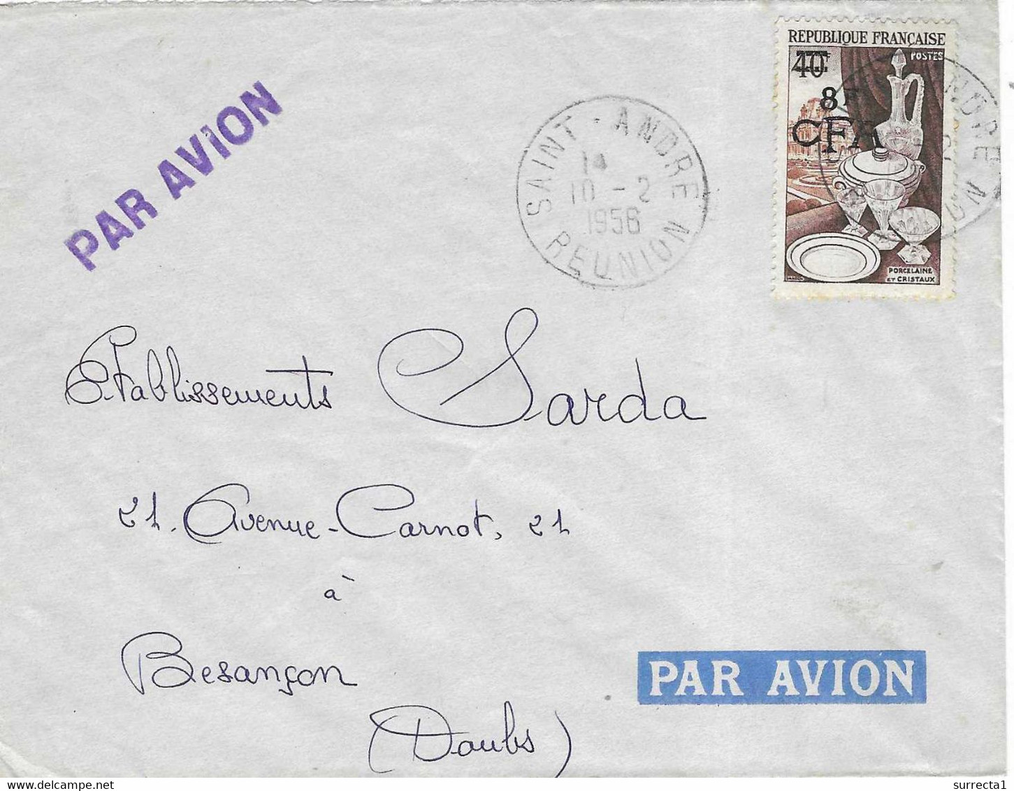 1956 / Enveloppe Avion / Cachet Saint-André / Réunion / Timbre 40 F Surchargé 8 F CFA / Exp Permaye à Saint-Anuré - Andere & Zonder Classificatie