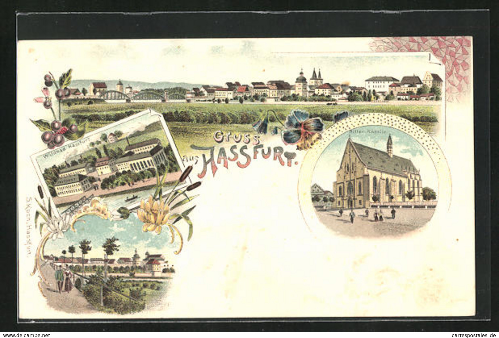 Lithographie Hassfurt, Totalansicht, Wildbad, Allee Mit Spaziergängern, Ritter-Kapelle - Hassfurt