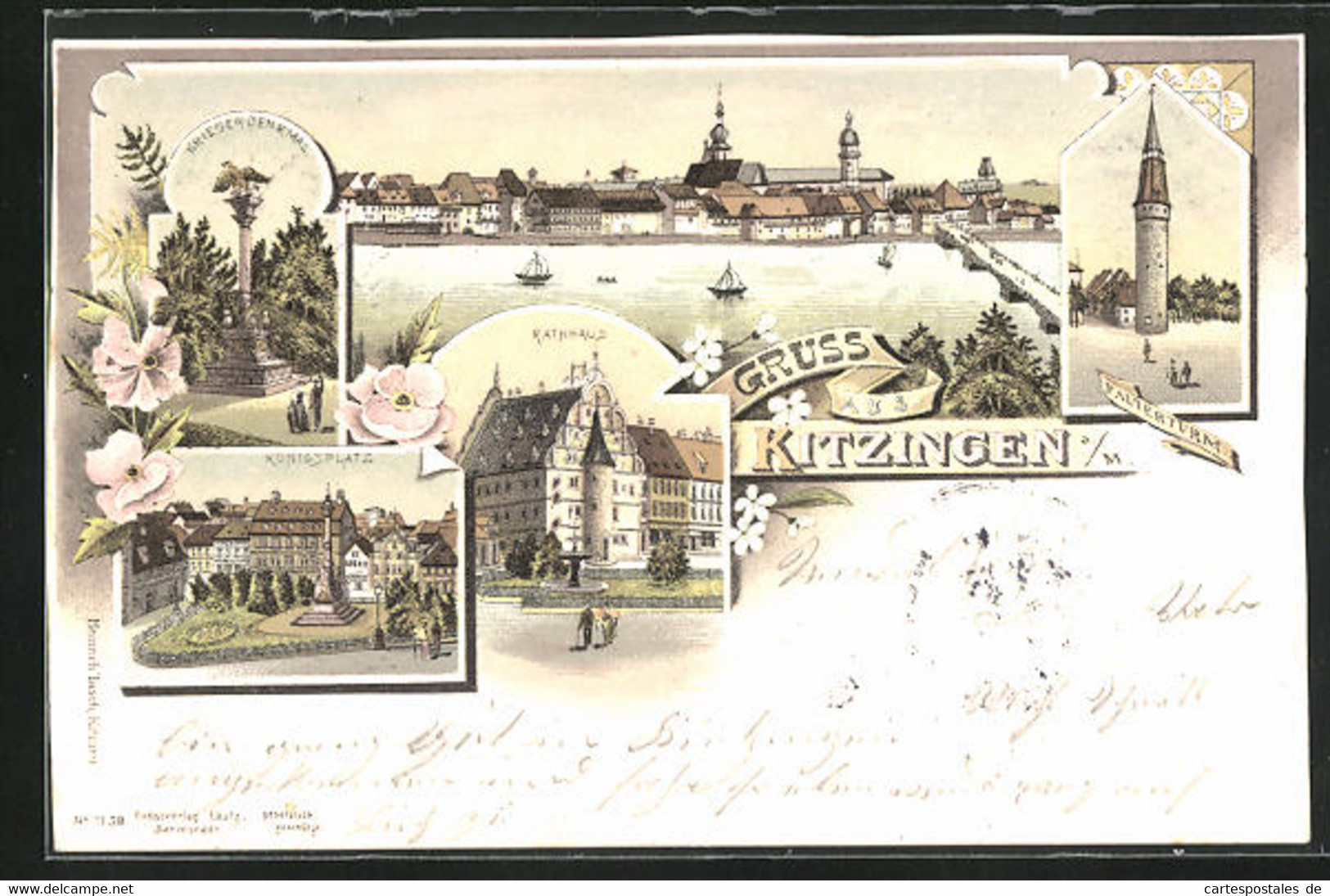 Lithographie Kitzingen A. M., Königsplatz, Falterturm, Rathaus - Kitzingen