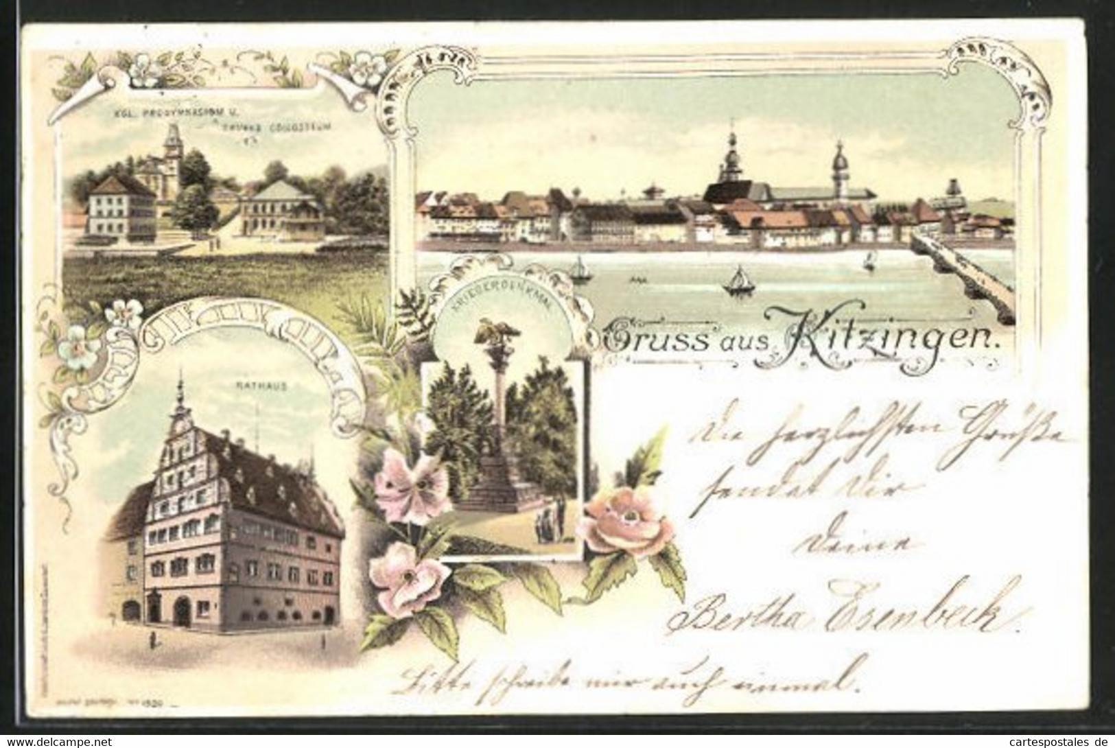 Lithographie Kitzingen A. Main, Rathaus, Kriegerdenkmal - Kitzingen