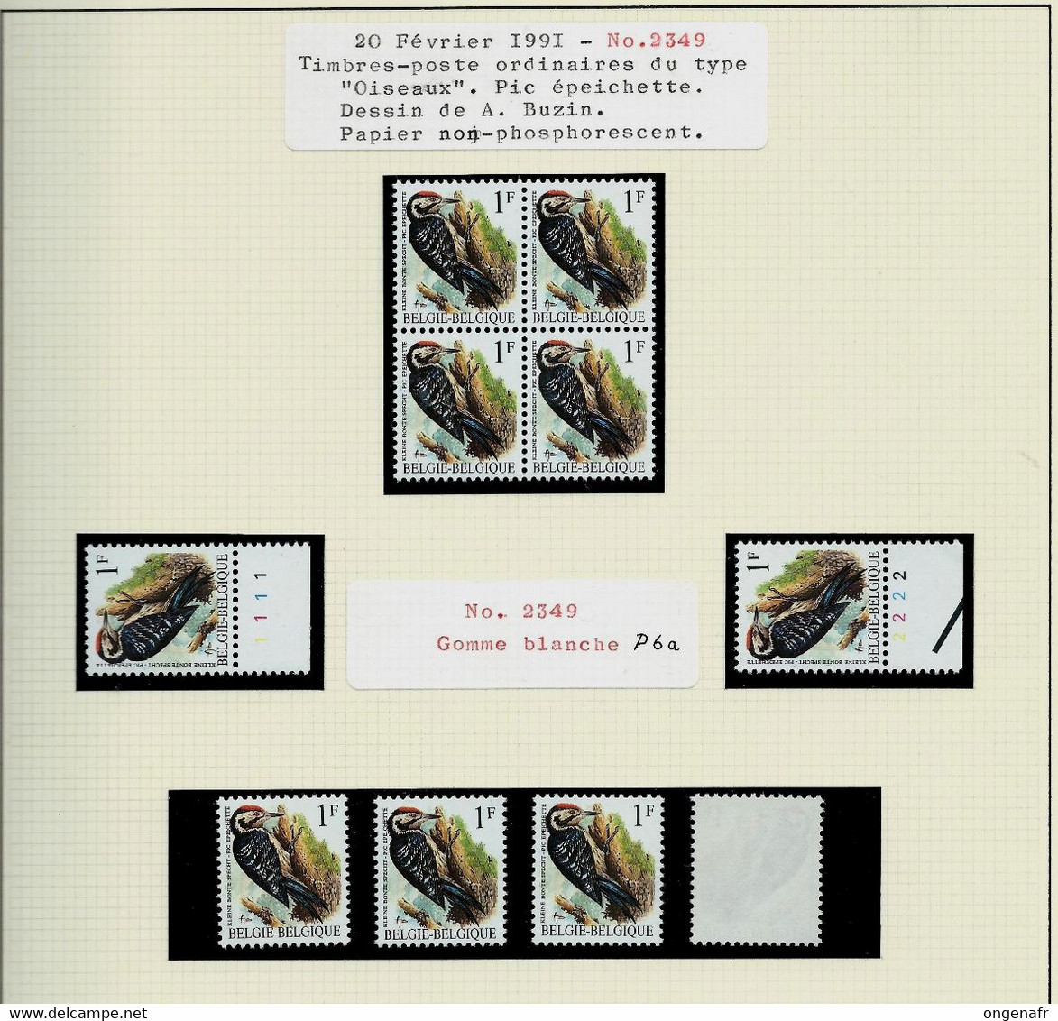 N° 2349  - P6a - (Gomme Blanche  ) Pic épeichette - Bloc De 4 - N°  Pl. 1 Et 2 + 4 Timbres - 1985-.. Pájaros (Buzin)