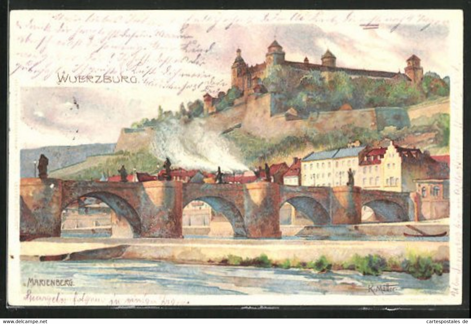 Künstler-AK Karl Mutter: Würzburg, Marienberg Mit Mainbrücke - Mutter, K.