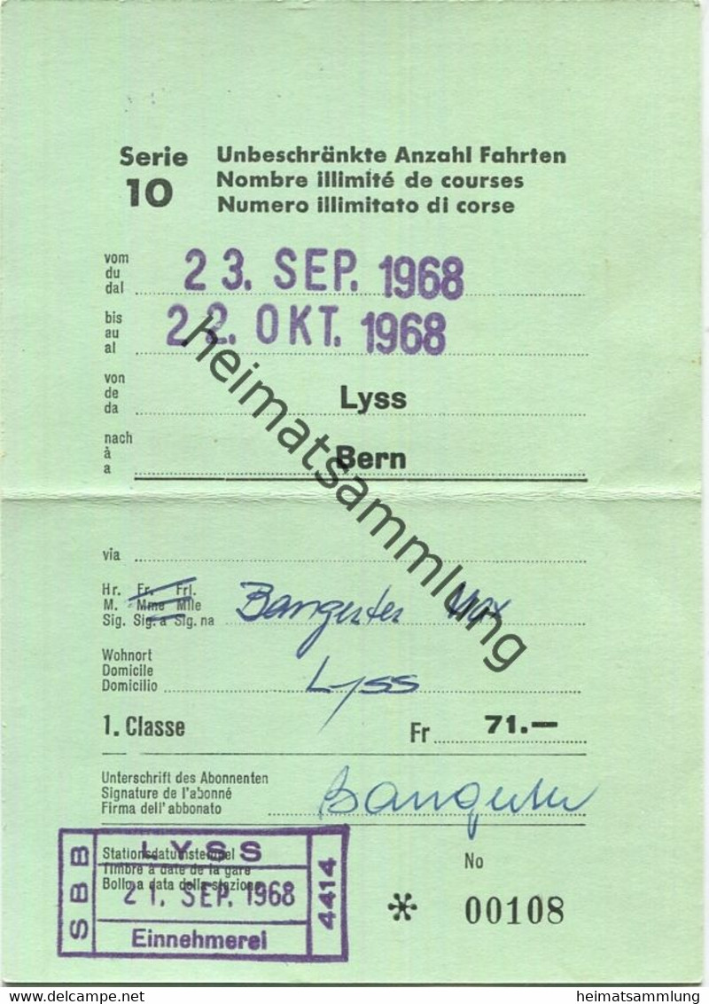 Schweiz - Lyss Bern - Fahrkarte Für Unbeschränkte Anzahl Fahrten - 1. Classe Sept./Okt. 1968 - Europa