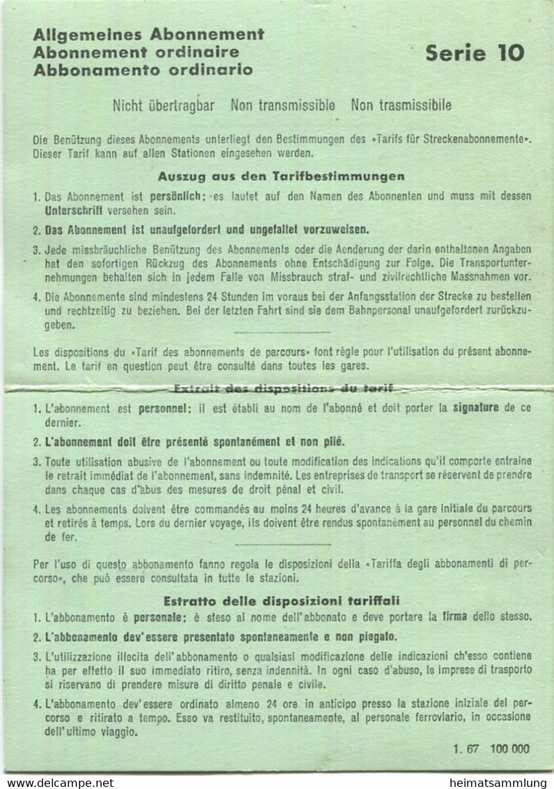 Schweiz - Lyss Bern - Fahrkarte Für Unbeschränkte Anzahl Fahrten - 1. Classe Sept./Okt. 1968 - Europe