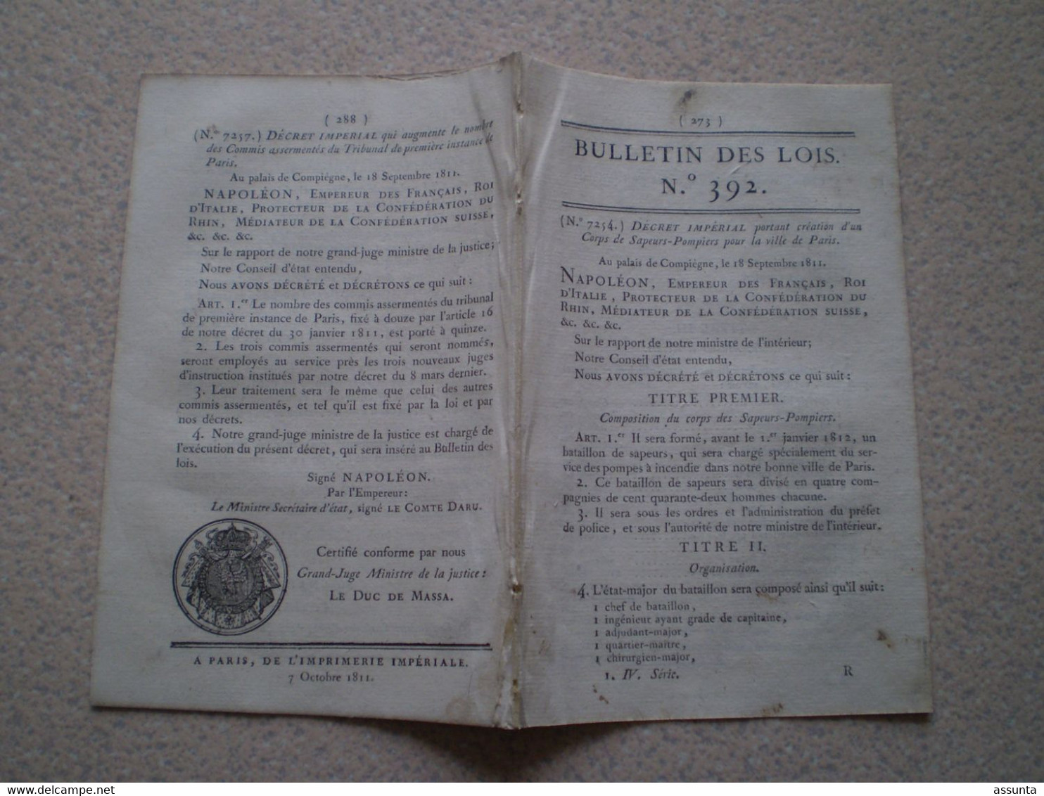 Napoléon: Création D'un Corps De Sapeurs Pompiers Pour Paris: Organisation, Solde, Masse, Revues, Habillement, Armement - Décrets & Lois