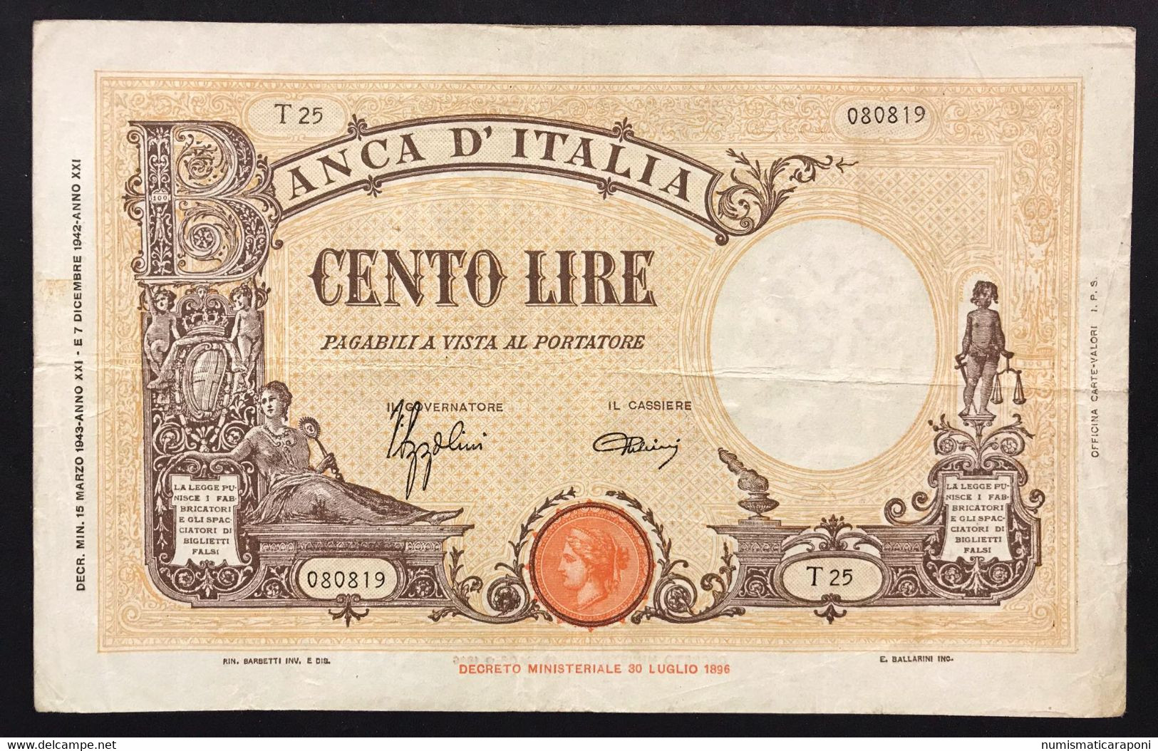 100 LIRE BARBETTI GRANDE B FASCIO 15 03 1943  CARTA FRESCA E BEI COLORI Naturale LOTTO 3517 - 100 Liras