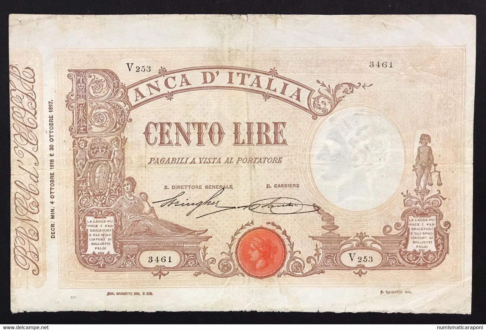 100 LIRE Barbetti Matrice Decreto 04 10 1918 Colori Leggermente Spenti Bordo Superiore Frastagliato LOTTO 3519 - Italië– 5 Lire