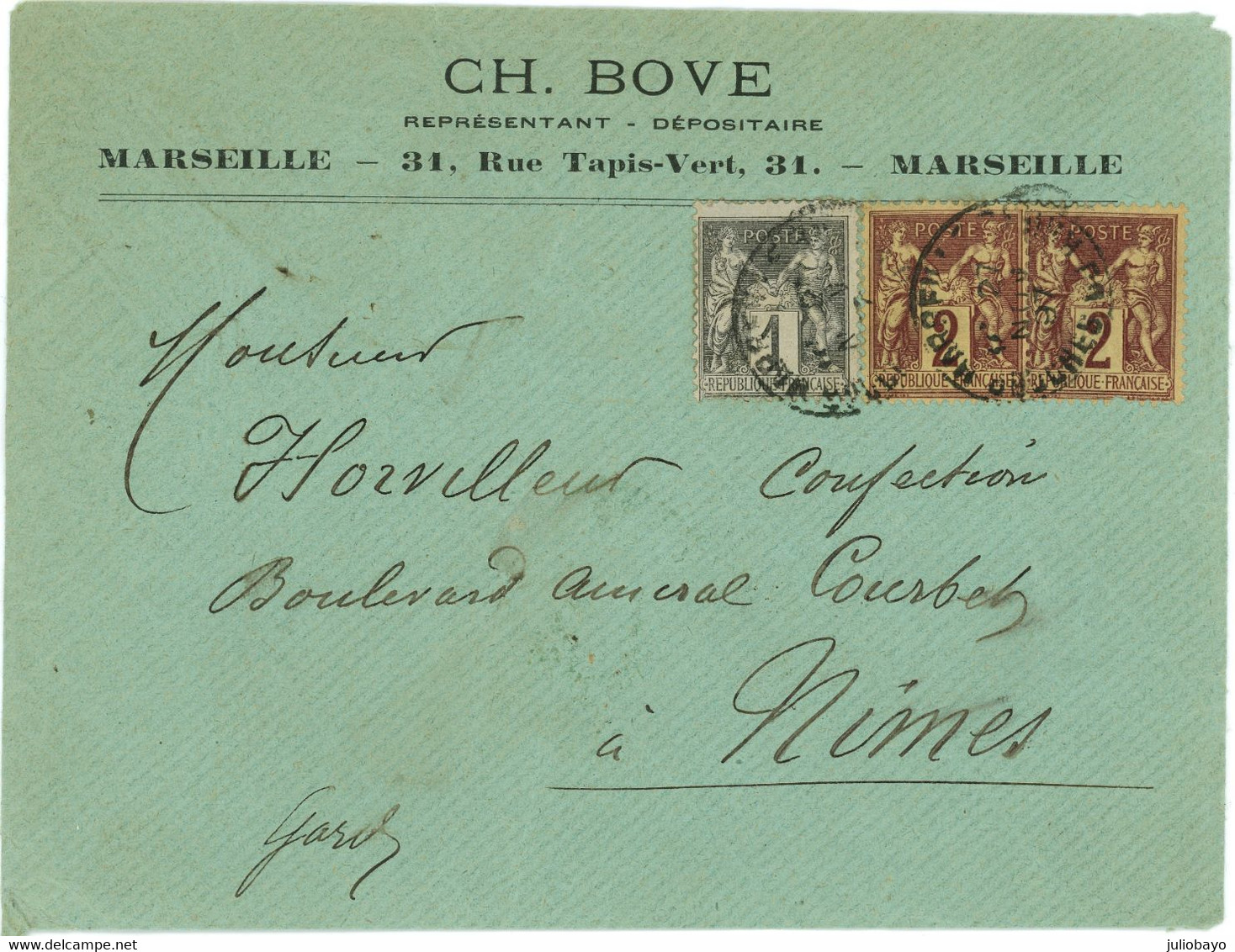 21 Novembre 1897 Sage Lettre Entete Commerciale CH BOVE Rue Tapie Vert, De Marseille Vers Nimes - 1877-1920: Semi Modern Period