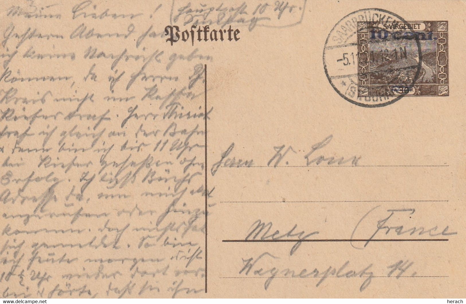 Sarre Entier Postal Saarbrücken Pour La France 1921 - Interi Postali