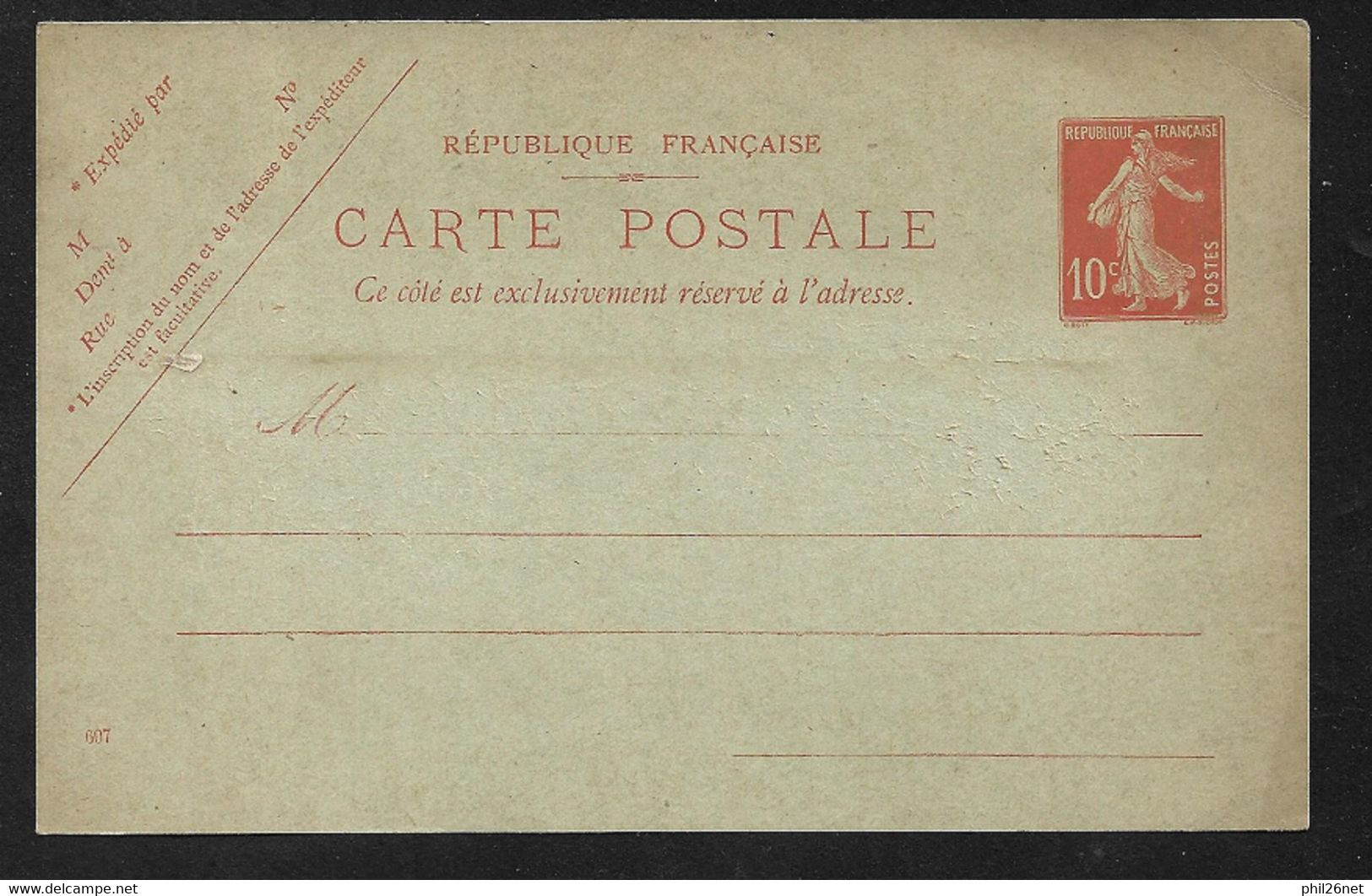 Entiers Postaux Carte Postale 138-CP1 Semeuse 10c Rouge Sur Vert-gris Date 607 Neuf B/TB  - Cartes Postales Types Et TSC (avant 1995)