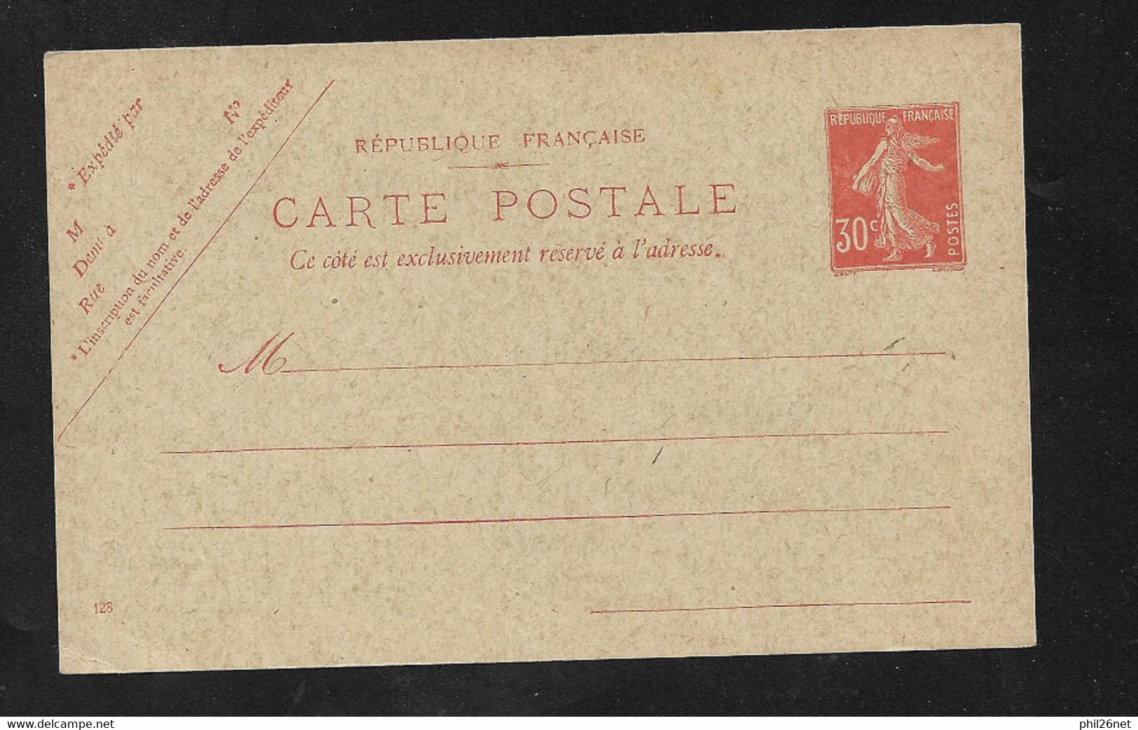 Entiers Postaux Carte Postale 160-CP  Semeuse 30 C. Rouge  Sur Vert  Date 128 Neuf  B/TB   - Standard Postcards & Stamped On Demand (before 1995)