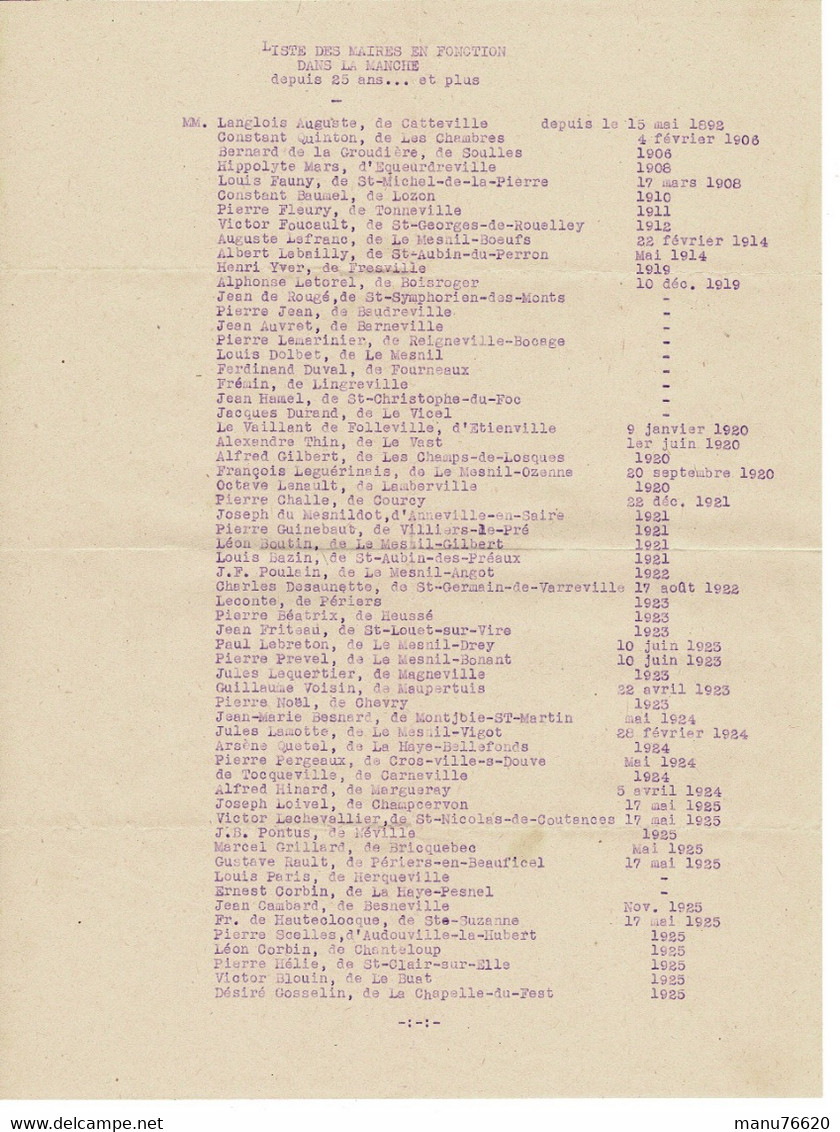 LETTRE ADMINISTRATION: Liste Des Maires En Fonction Dans La MANCHE Depuis 25 Ans Et Plus , Année 1925 ? - Décrets & Lois