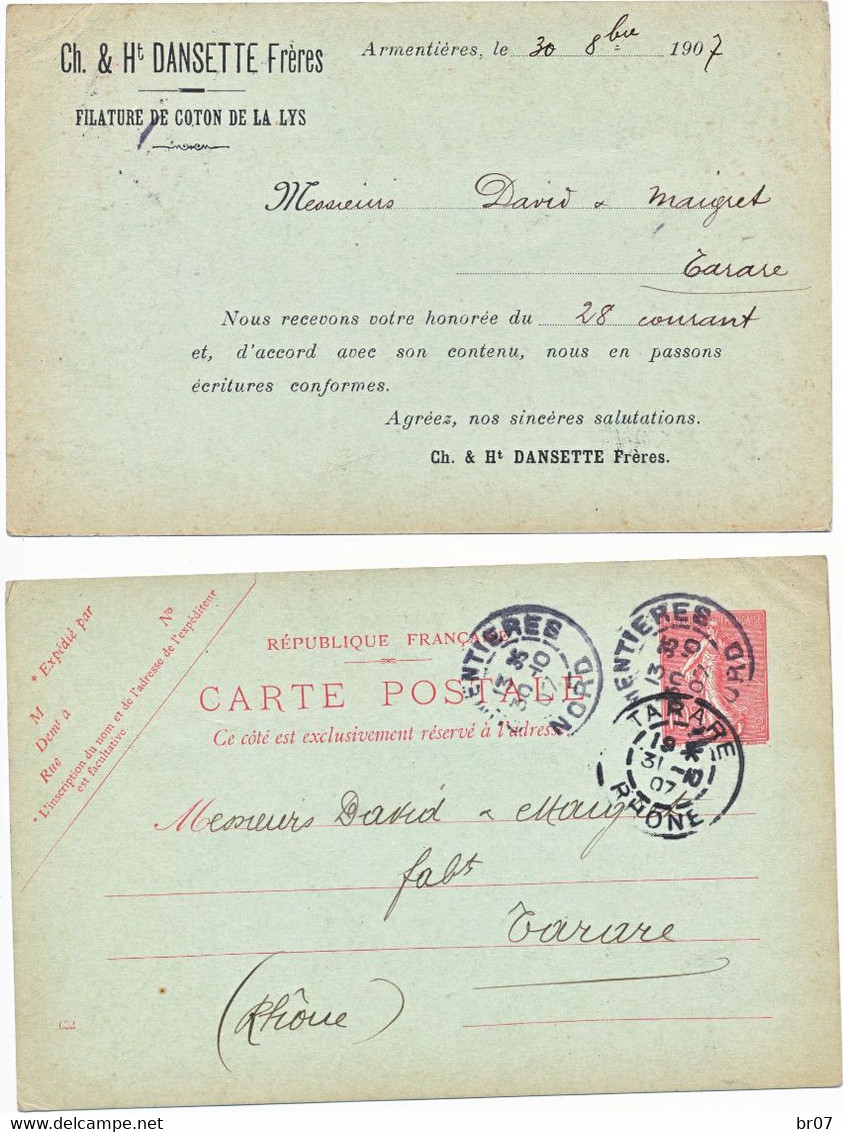 NORD ENTIER POSTAL 10C SEMEUSE LIGNEE REPIQUE CP 1907 ARMENTIERES REPIQUAGE DANSETTE FILATURE DE COTON DE LA LYS - 1877-1920: Semi Modern Period