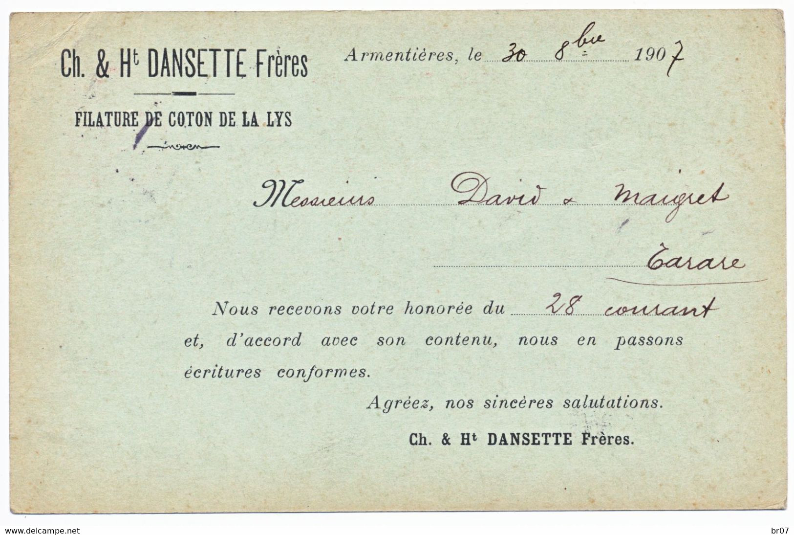 NORD ENTIER POSTAL 10C SEMEUSE LIGNEE REPIQUE CP 1907 ARMENTIERES REPIQUAGE DANSETTE FILATURE DE COTON DE LA LYS - 1877-1920: Semi Modern Period