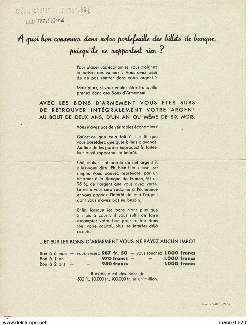 COURRIER COMMERCIAL : Crédit Industriel De Normandie à DOMFRONT, Promotion Bons D'armements, Après 1938. - Décrets & Lois