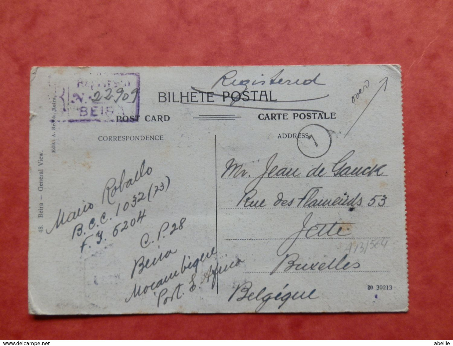 A13/563  CP  COMP. DE MOCAMBIQUE RECOMM.1923  POUR LA BELG. - Interi Postali