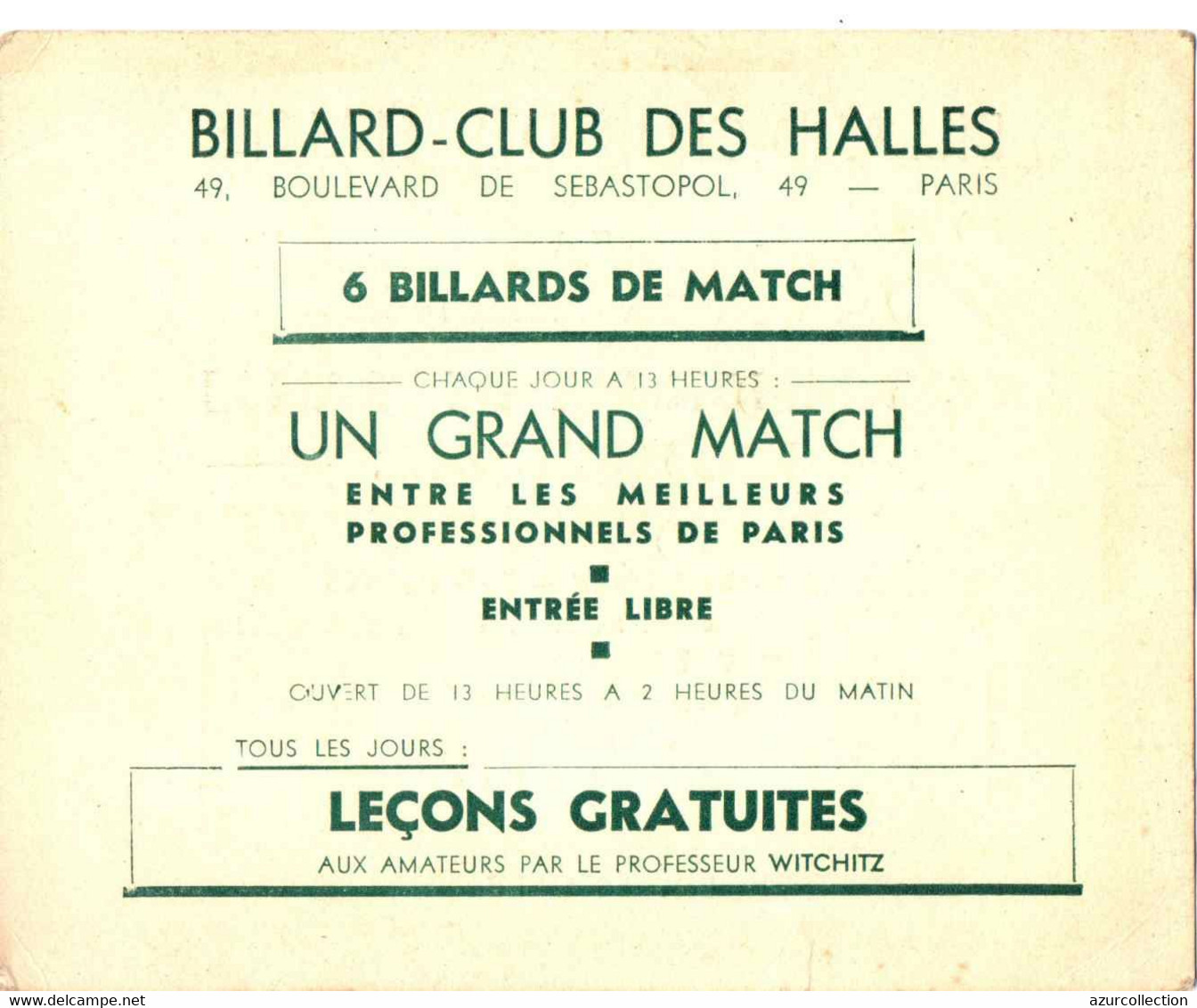 BILLARD CLUB DES HALLES . CHAMPIONNAT FRANCE PRO . 1957 - Biljart