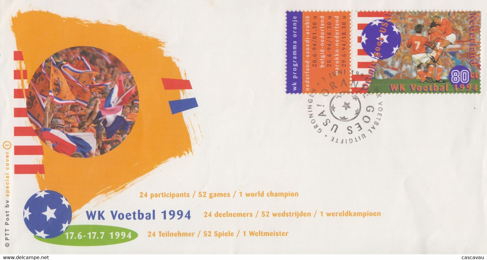 Enveloppe  FDC  1er  Jour   PAYS  BAS    Coupe  Du   Monde  De  Football    U.S.A   1994 - 1994 – Stati Uniti