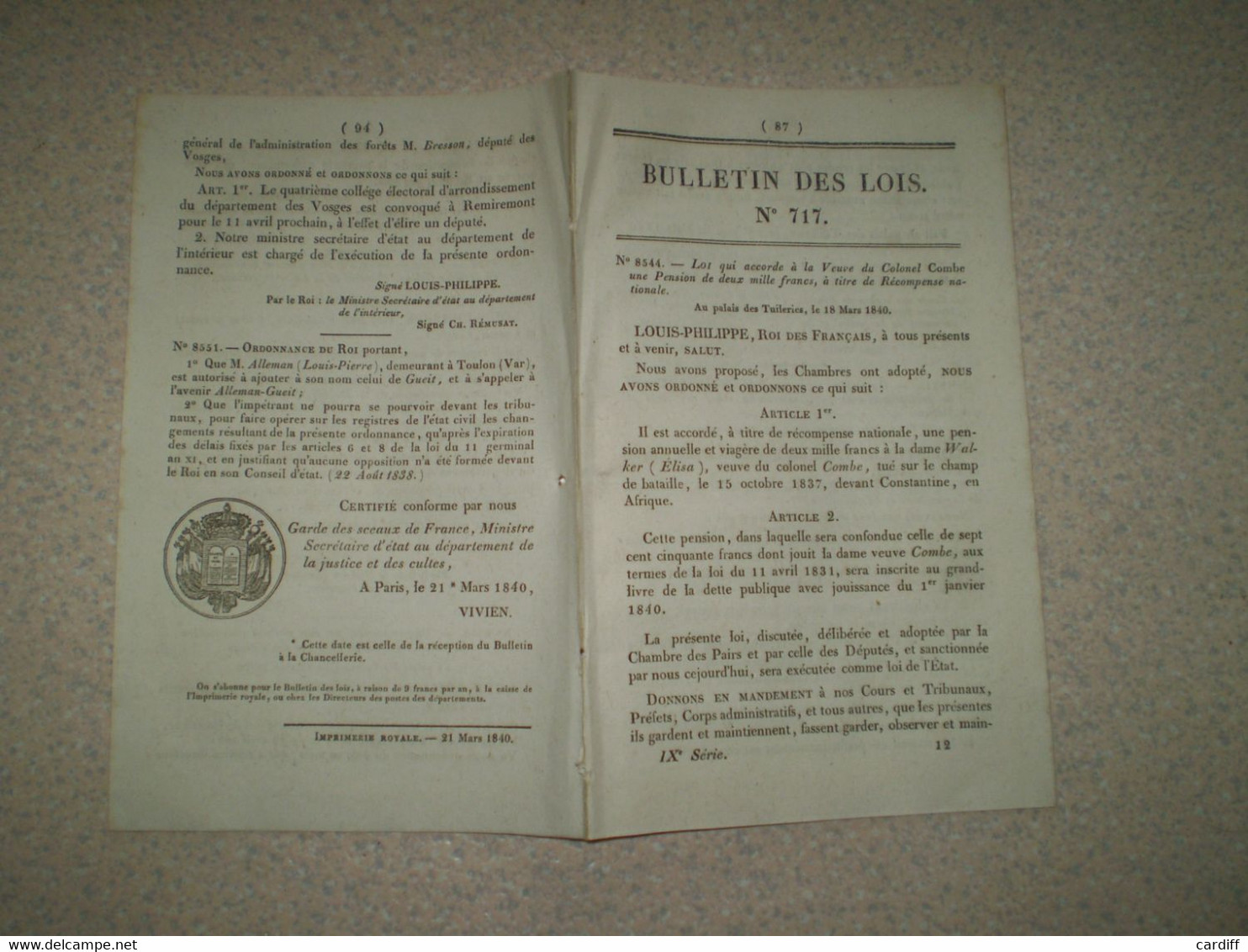 Lois: Veuve Colonel Combe De Feurs.répartition Par Département Contribution Des Bois.Comte De Gasparin. Col. éléctoral - Décrets & Lois