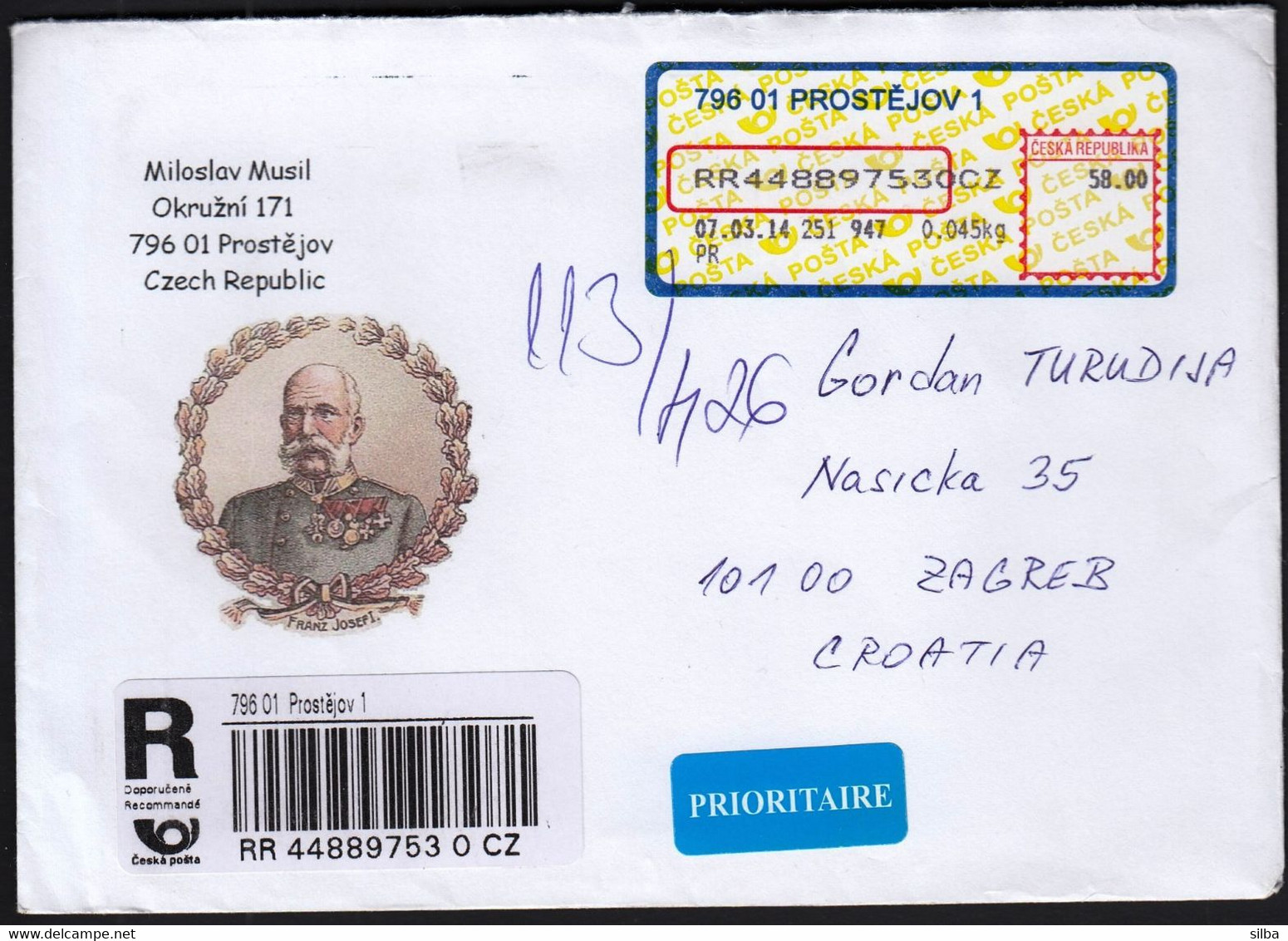 Czech Republic Prostejov 2014 / Kaiser Franz Josef I - Emperor Franz Joseph I / R Letter - Machine Post Label - Brieven En Documenten