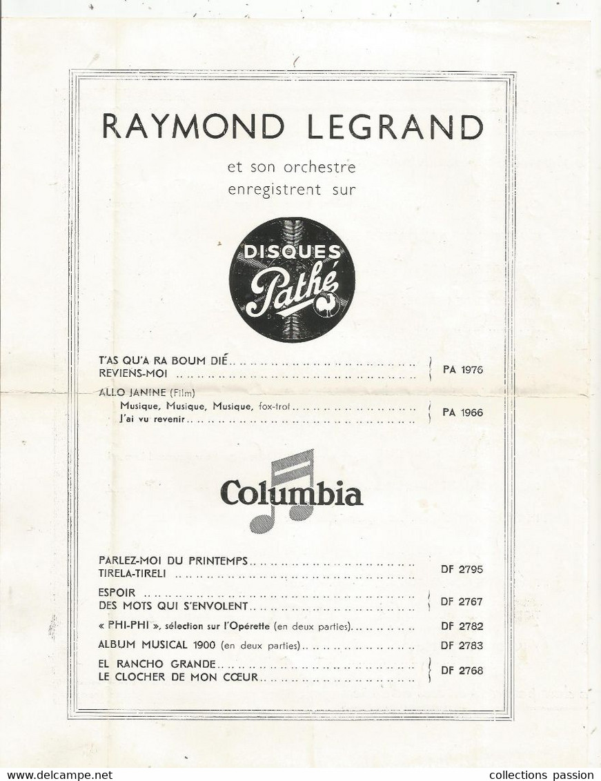 Programme 4 Pages , Gala , Raymond LEGRAND Et Son Orchestre , Année 40 ,dédicacée Par R. Legrand,  Frais Fr 1.95e - Programs