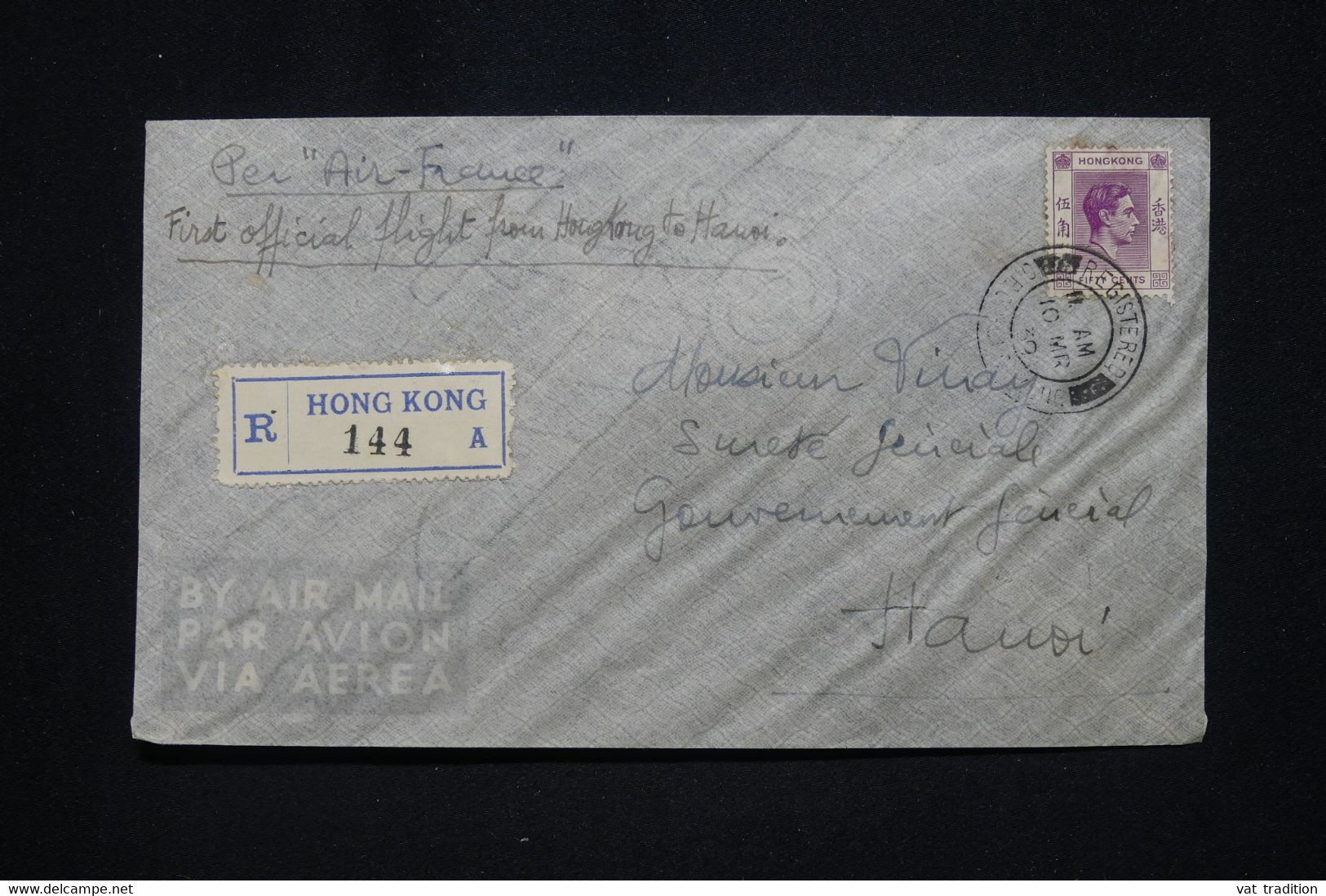 HONG KONG - Enveloppe En Recommandé De Hong Kong Pour Hanoi En 1939 Par 1er Vol Air France - L 96854 - Storia Postale