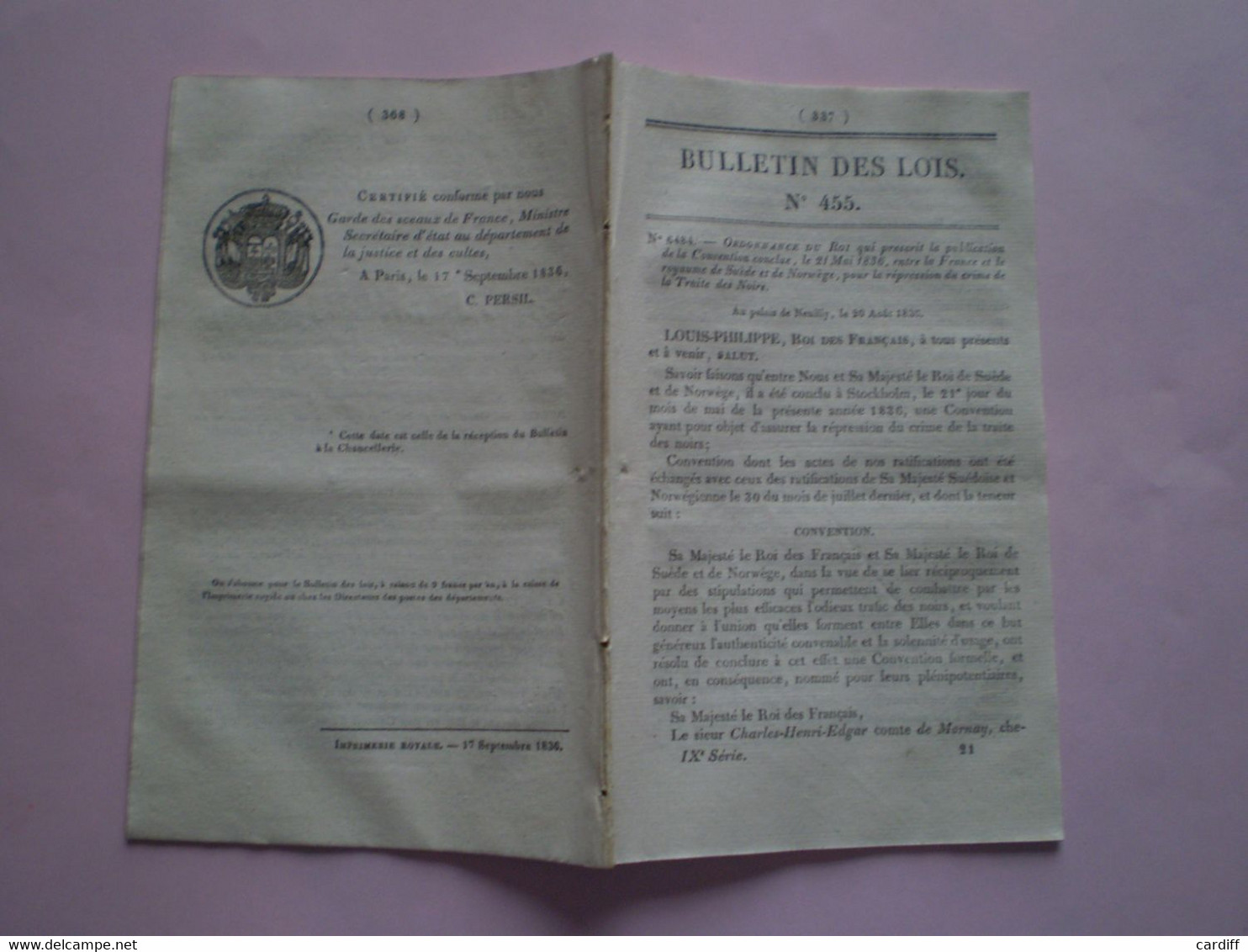 Bulletin Des Lois:Répression Du Crime De La Traite Des Noirs.Convention De Poste France Belgique.Pont Suspendu Vicq.. - Décrets & Lois