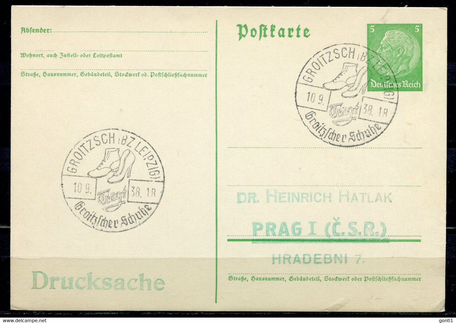 German Empires,DR 1938 Drucksachen GS Hindenburg Michel Nr.P 225 M.SST"Groitzsch,Tragt Groitzscher Schuhe "1 GS Used - Sonstige & Ohne Zuordnung