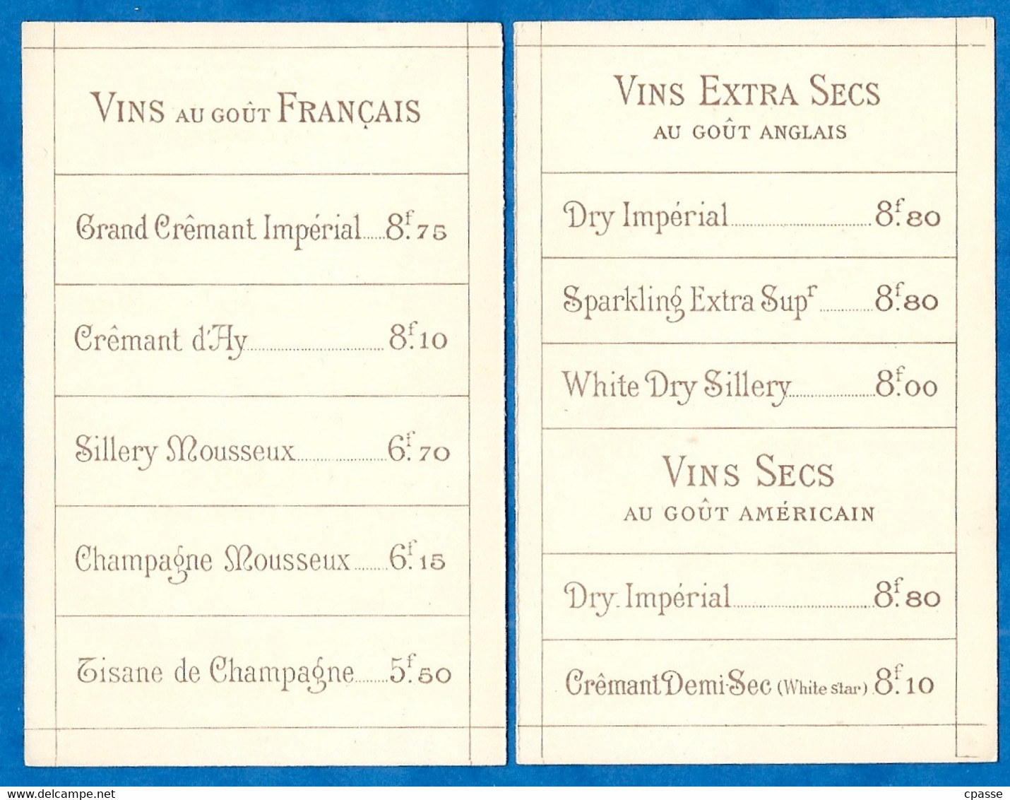 Tarif VINS De CHAMPAGNE De La Maison MÖET & CHANDON 51 Epernay, Seul Dépôt à 75009 Paris 8 Place De L'Opéra - 1800 – 1899