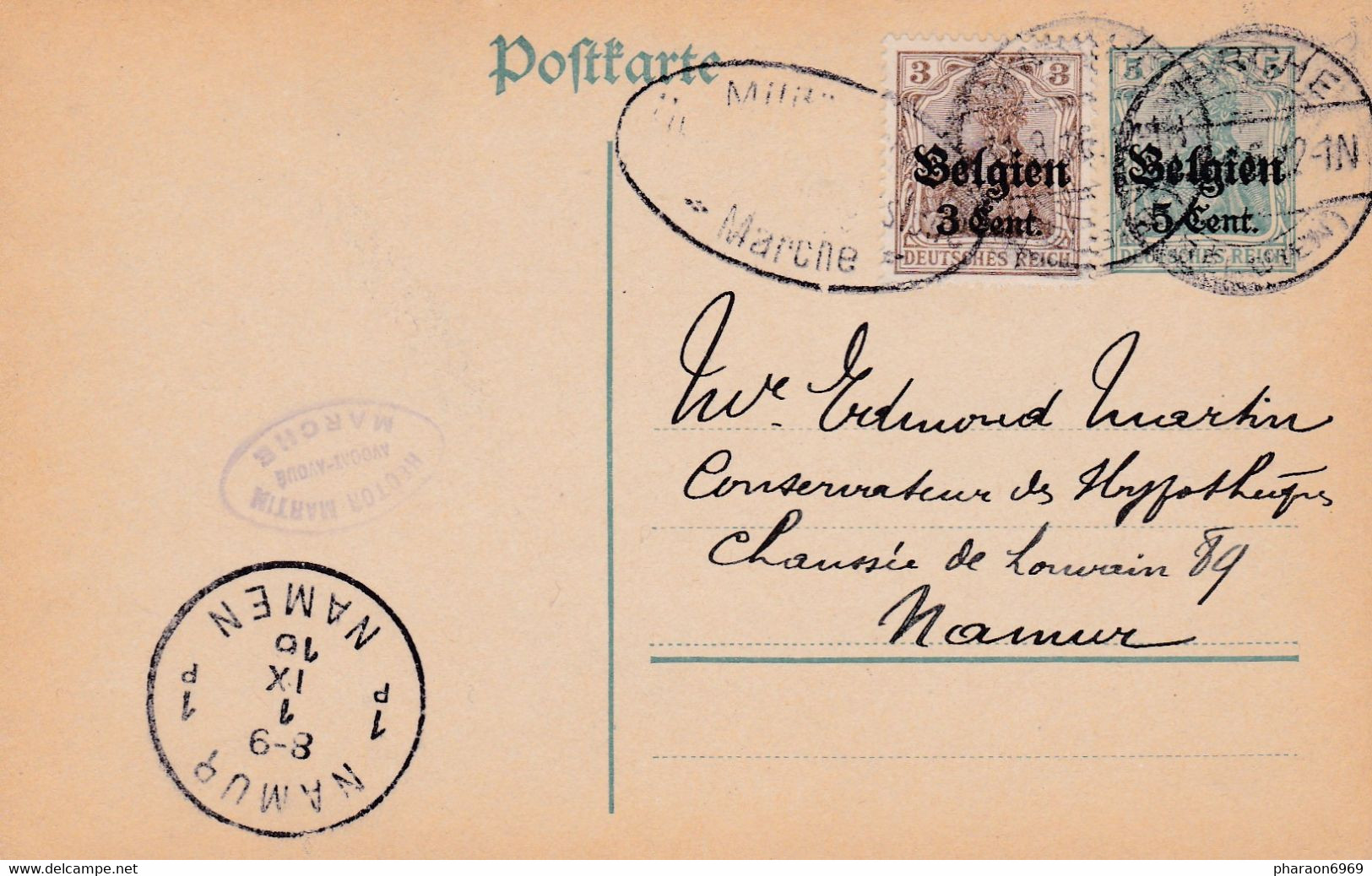 Carte Entier Postal + Timbre Oc 1 Marche à Namur Cachet Censure Militaire Marche - German Occupation